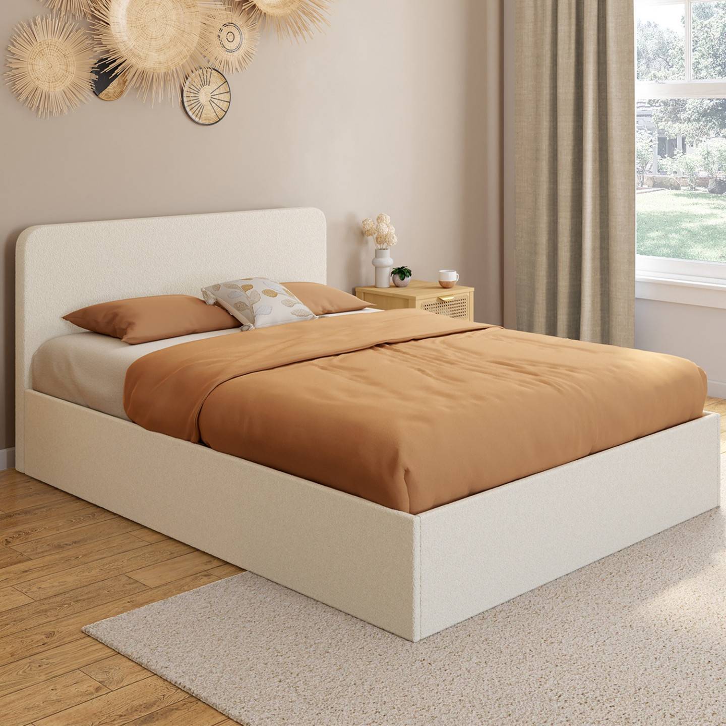 Lit coffre double BRADFORD avec tête de lit et sommier 140 x 190 cm tissu bouclette - Image 4