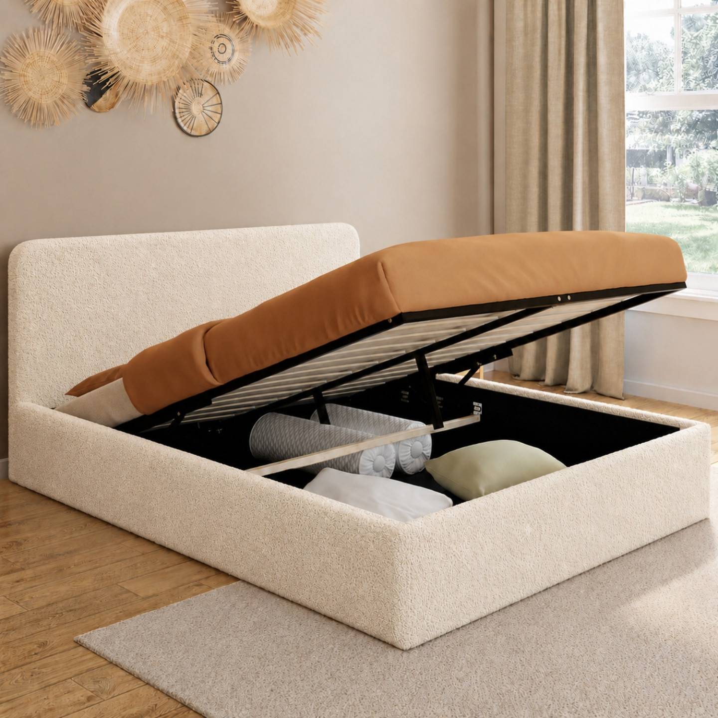 Lit coffre double BRADFORD avec tête de lit et sommier 140 x 190 cm tissu bouclette - Image 1
