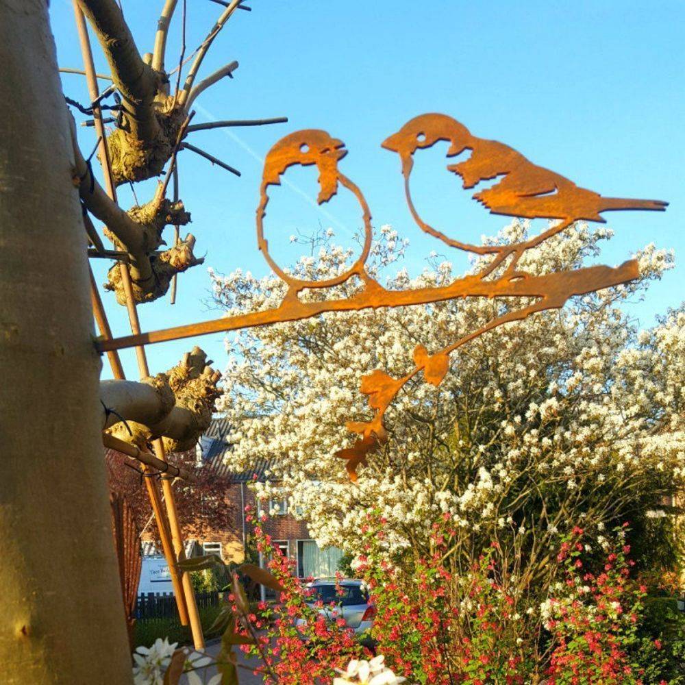 Metalbird - Oiseaux sur pique couple de moineaux en acier corten Hauteur 14cm - Imagen 2