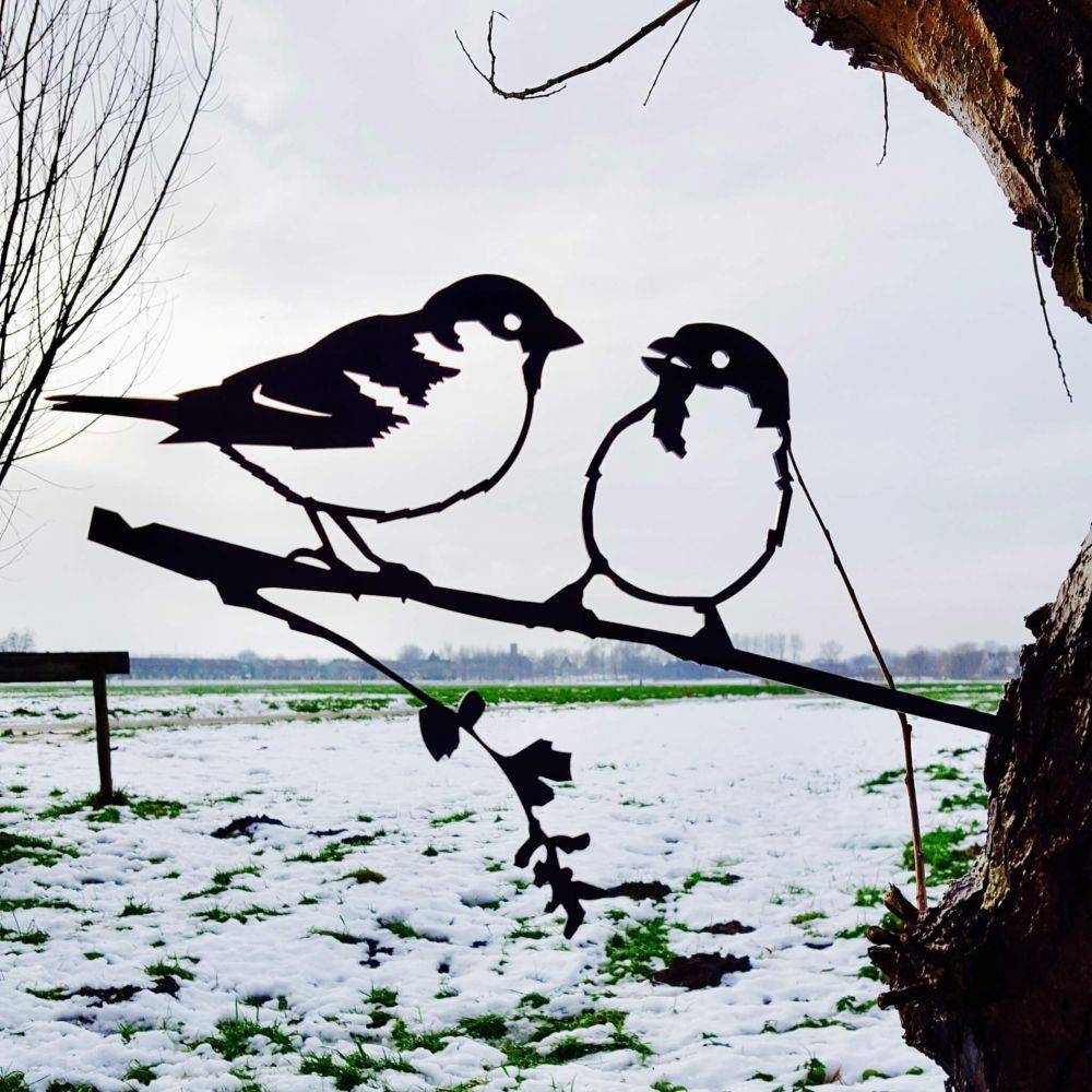 Metalbird - Oiseaux sur pique couple de moineaux en acier corten Hauteur 14cm - Imagen 4