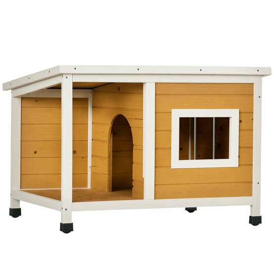 Nic en bois naturel avec véranda, toit rabattable, fenêtre, pieds réglables, 85,5×62×60 cm, Orange - Image 1