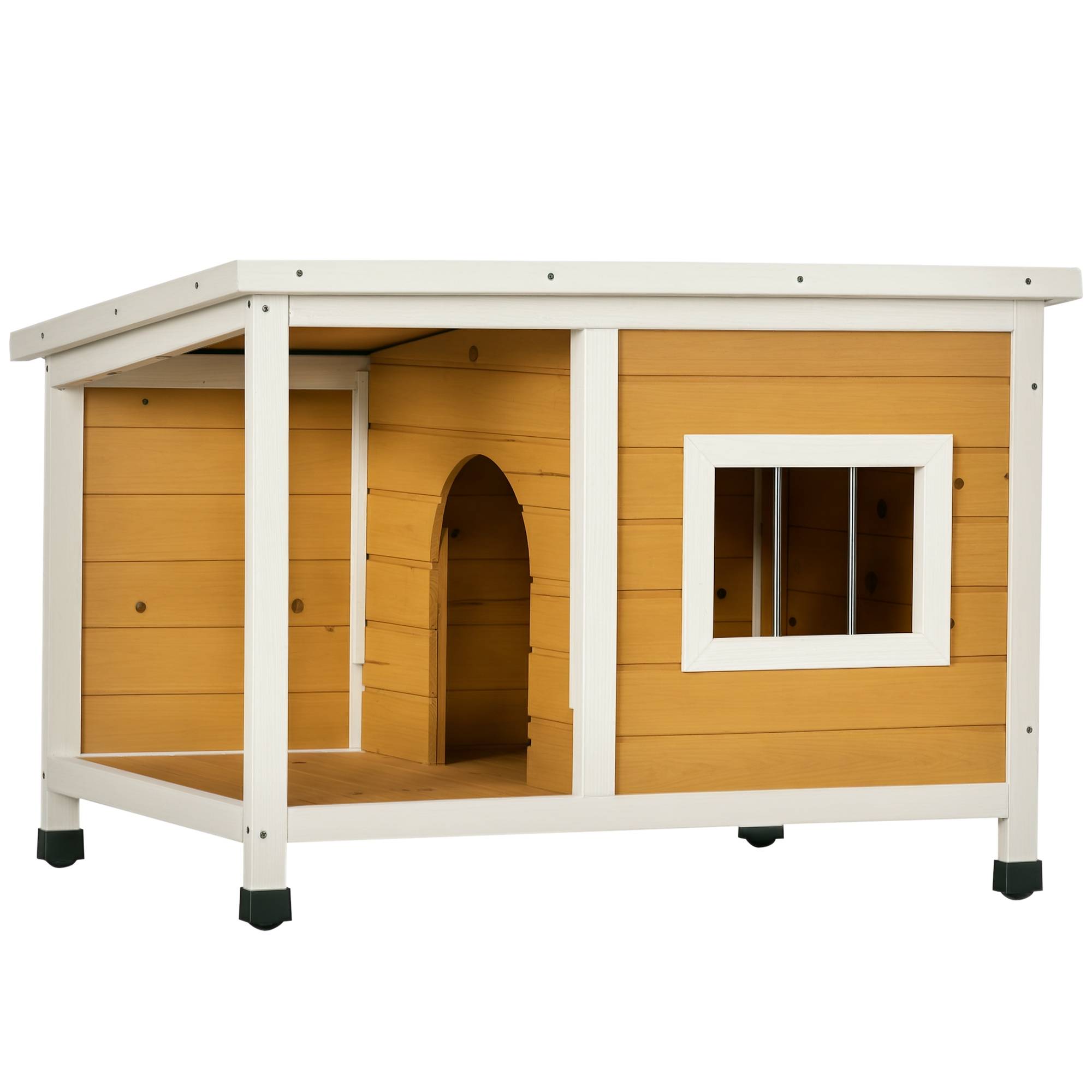 Nic en bois naturel avec véranda, toit rabattable, fenêtre, pieds réglables, 85,5×62×60 cm, Orange - Image 1