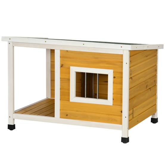 Nic en bois naturel avec véranda, toit rabattable, fenêtre, pieds réglables, 85,5×62×60 cm, Orange - Image 2