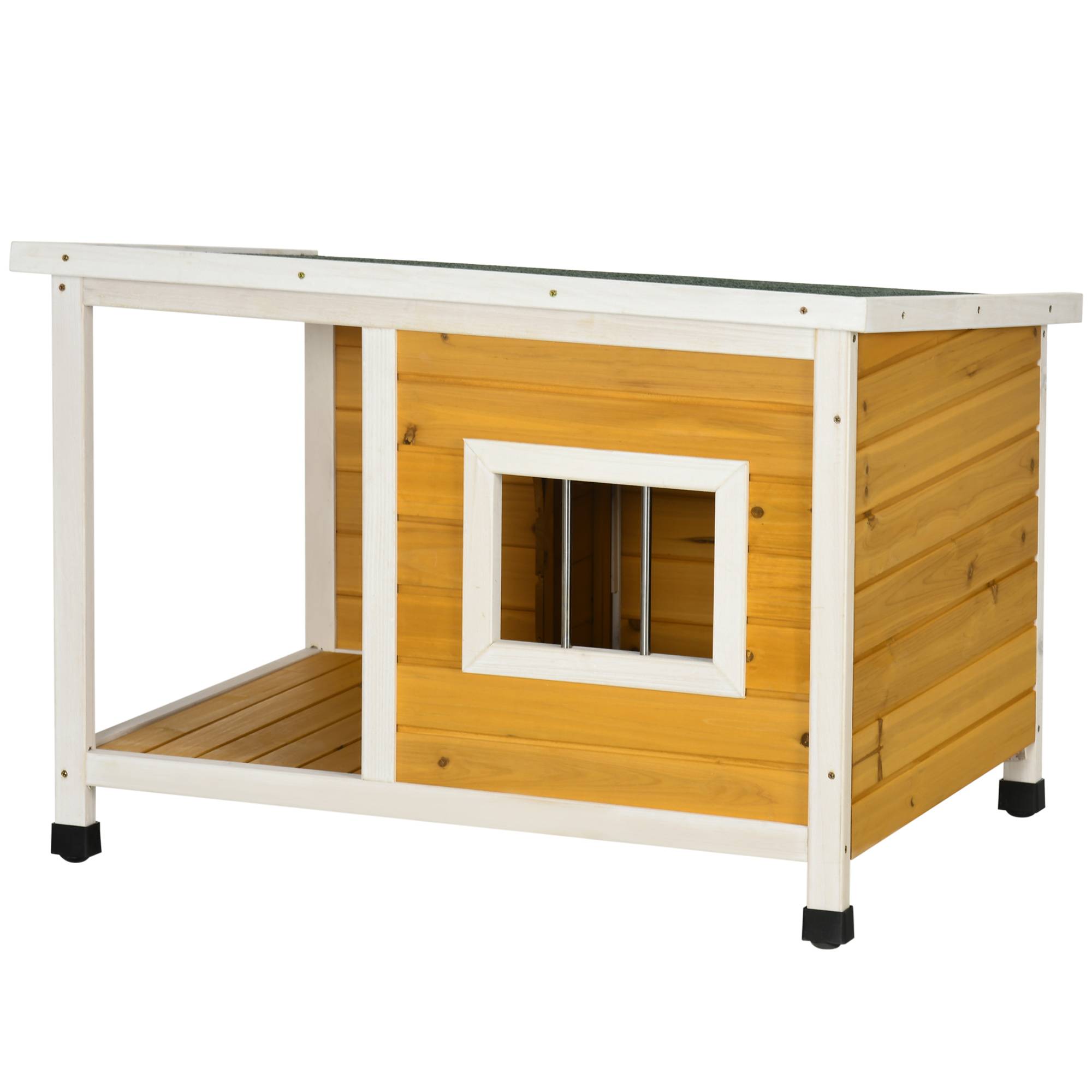 Nic en bois naturel avec véranda, toit rabattable, fenêtre, pieds réglables, 85,5×62×60 cm, Orange - Image 2