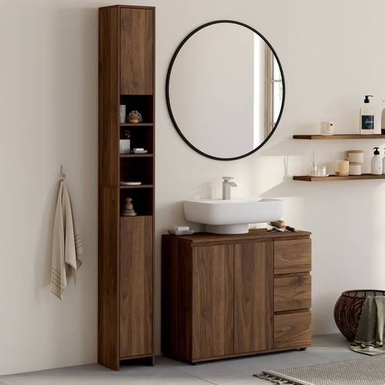 IDMARKET - Meuble colonne salle de bain TOMI 2 portes 4 niches effet noyer - Image 1