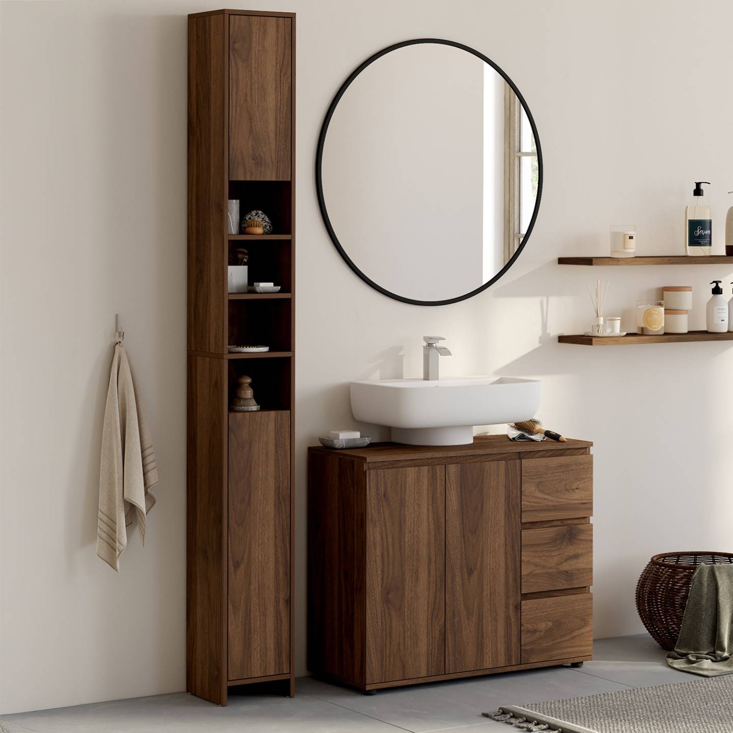 IDMARKET - Meuble colonne salle de bain TOMI 2 portes 4 niches effet noyer - Image 1