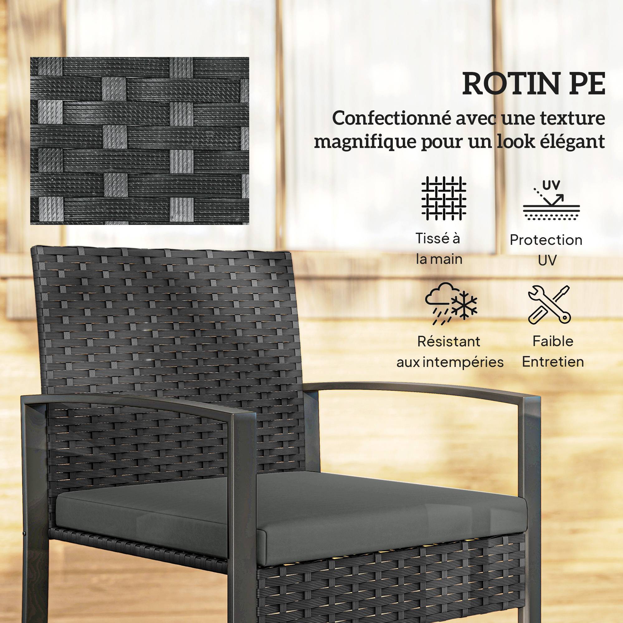 ComfortXL - Salon de jardin 2 places résine tressée acier pour balcon table basse plateau verre noir - ComfortXL Outdoor Living - Image 7