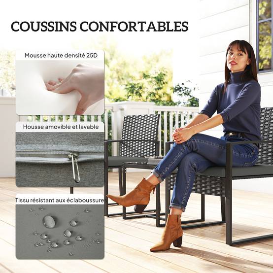 ComfortXL - Salon de jardin 2 places résine tressée acier pour balcon table basse plateau verre noir - ComfortXL Outdoor Living - Image 8