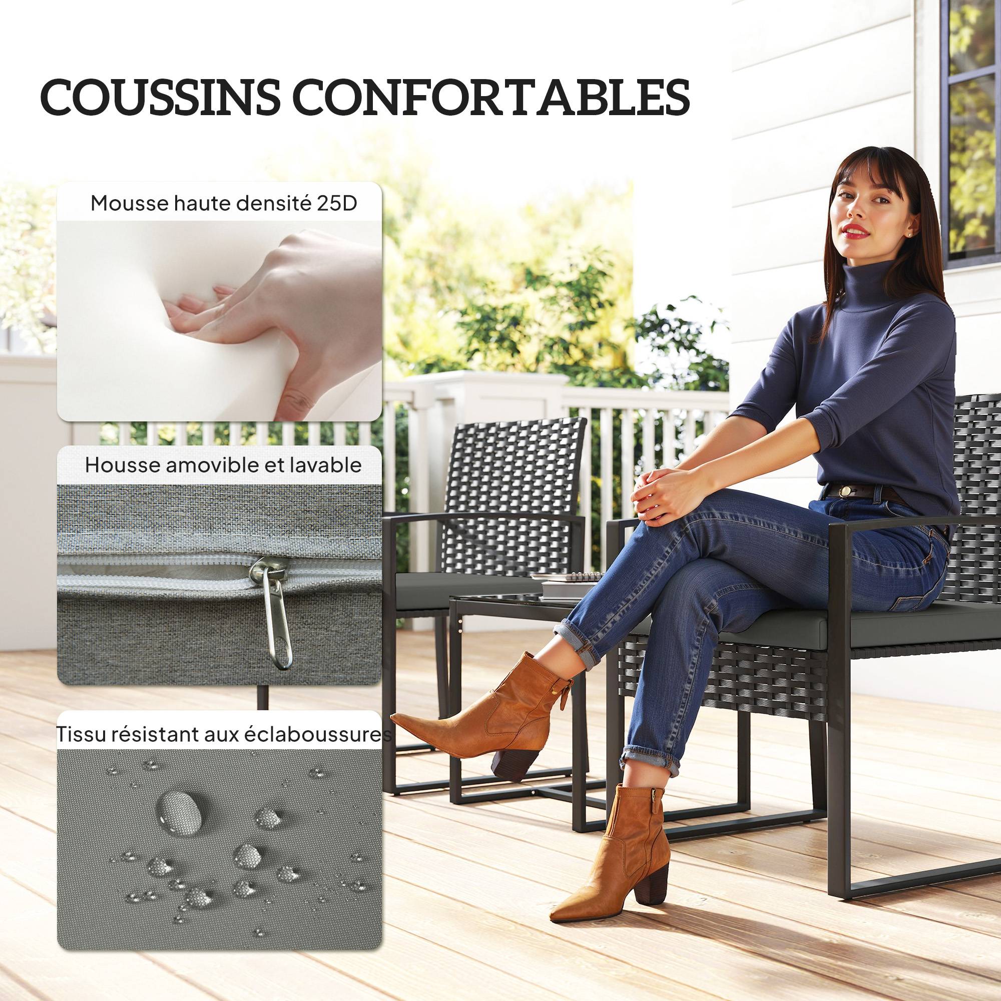 ComfortXL - Salon de jardin 2 places résine tressée acier pour balcon table basse plateau verre noir - ComfortXL Outdoor Living - Image 8