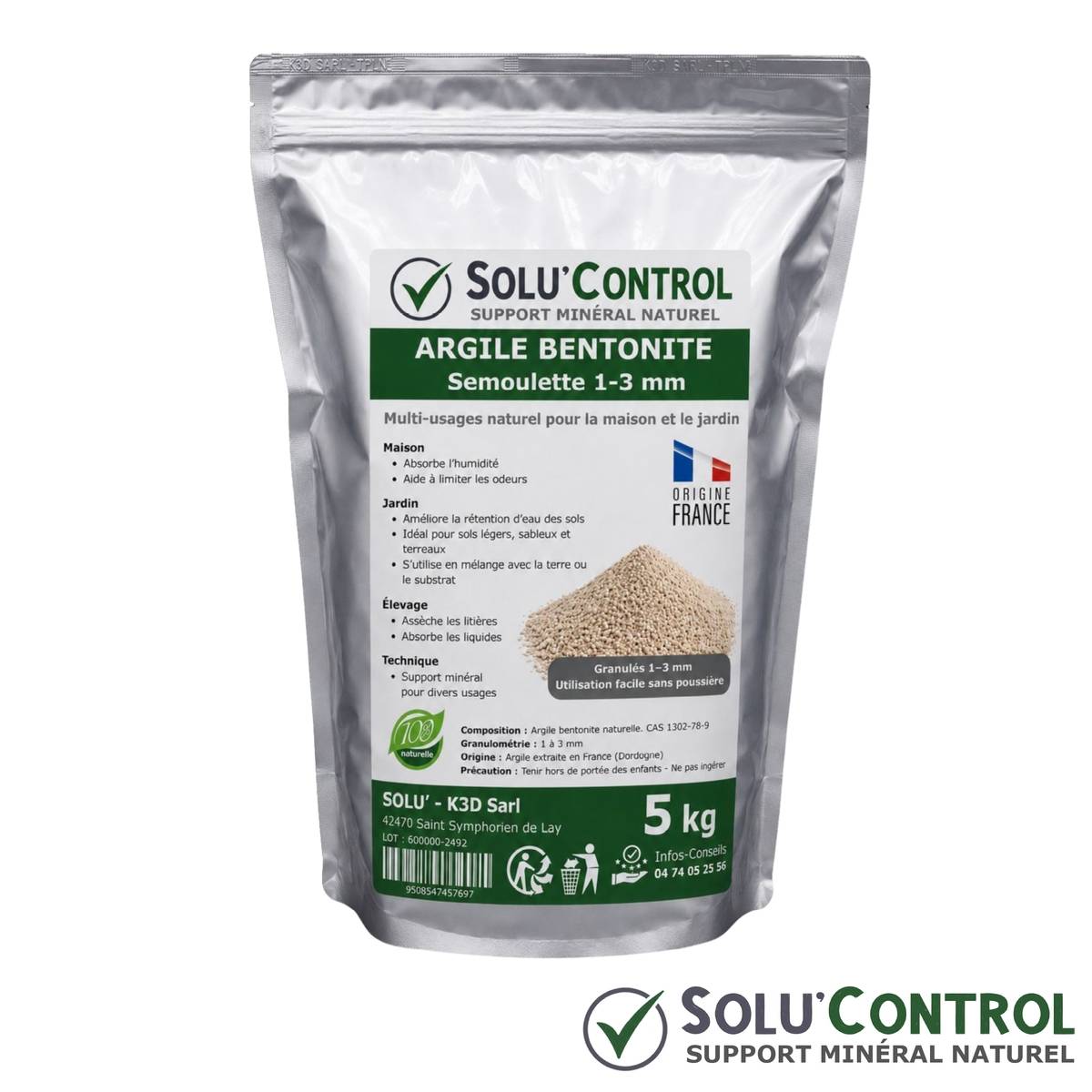 SOLU'CONTROL Argile Bentonite Naturelle 5 kg – Support Minéral Jardin – Améliore la Rétention en Eau des Sols et Terreaux - Image 2