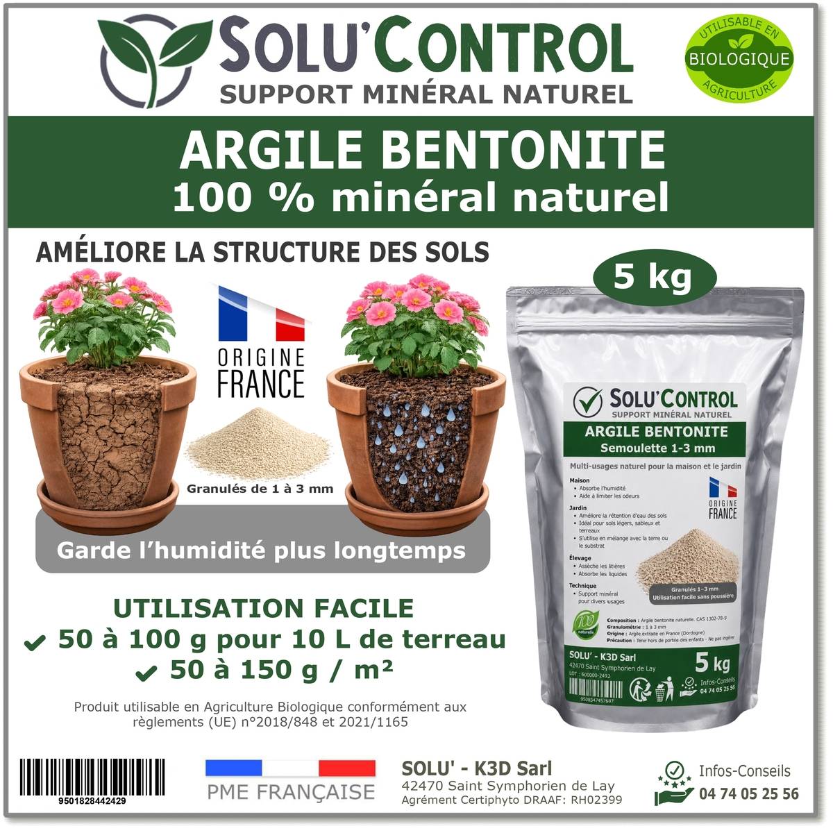 SOLU'CONTROL Argile Bentonite Naturelle 5 kg – Support Minéral Jardin – Améliore la Rétention en Eau des Sols et Terreaux - Image 1