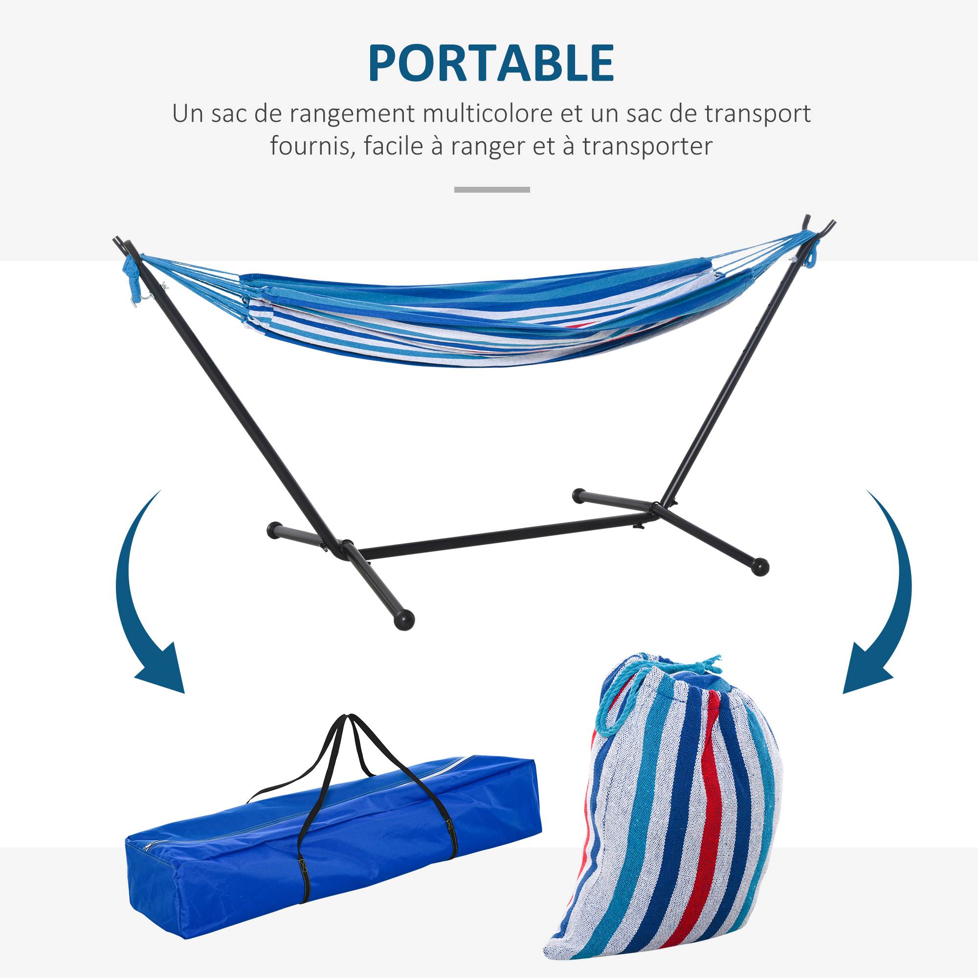 Hamac sur pied métal et coton bleu et blanc 298 x 117 x 105 cm - PANGIVO - Image 9