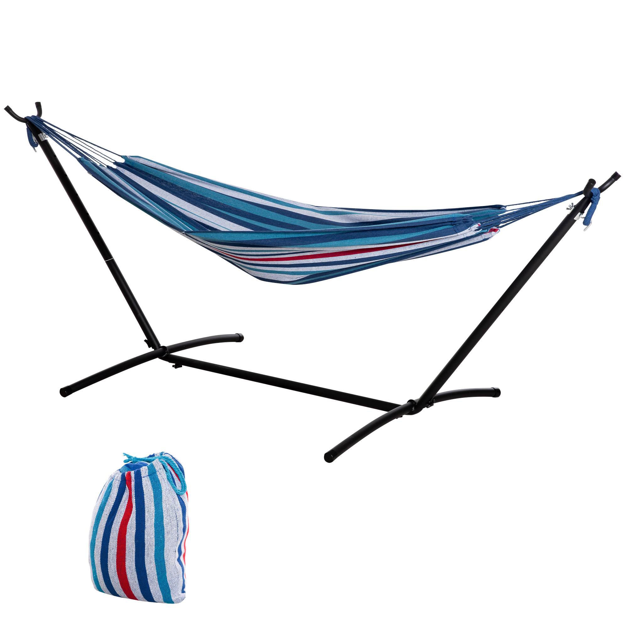 Hamac sur pied métal et coton bleu et blanc 298 x 117 x 105 cm - PANGIVO - Image 2