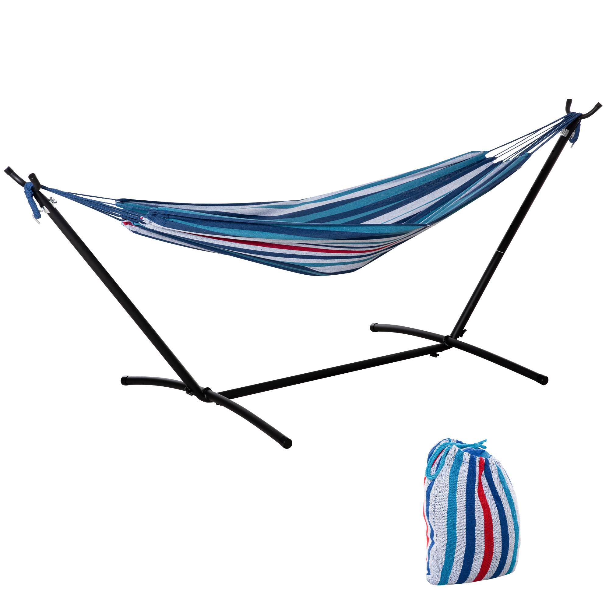 Hamac sur pied métal et coton bleu et blanc 298 x 117 x 105 cm - PANGIVO - Image 1