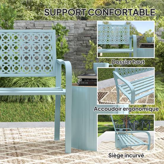 Outsunny - Banc de jardin 2 places - dossier ajouré - en acier - pour balcon, terrasse, patio, véranda - 127 x 63 x 85 cm - bleu - Outsunny - Image 8