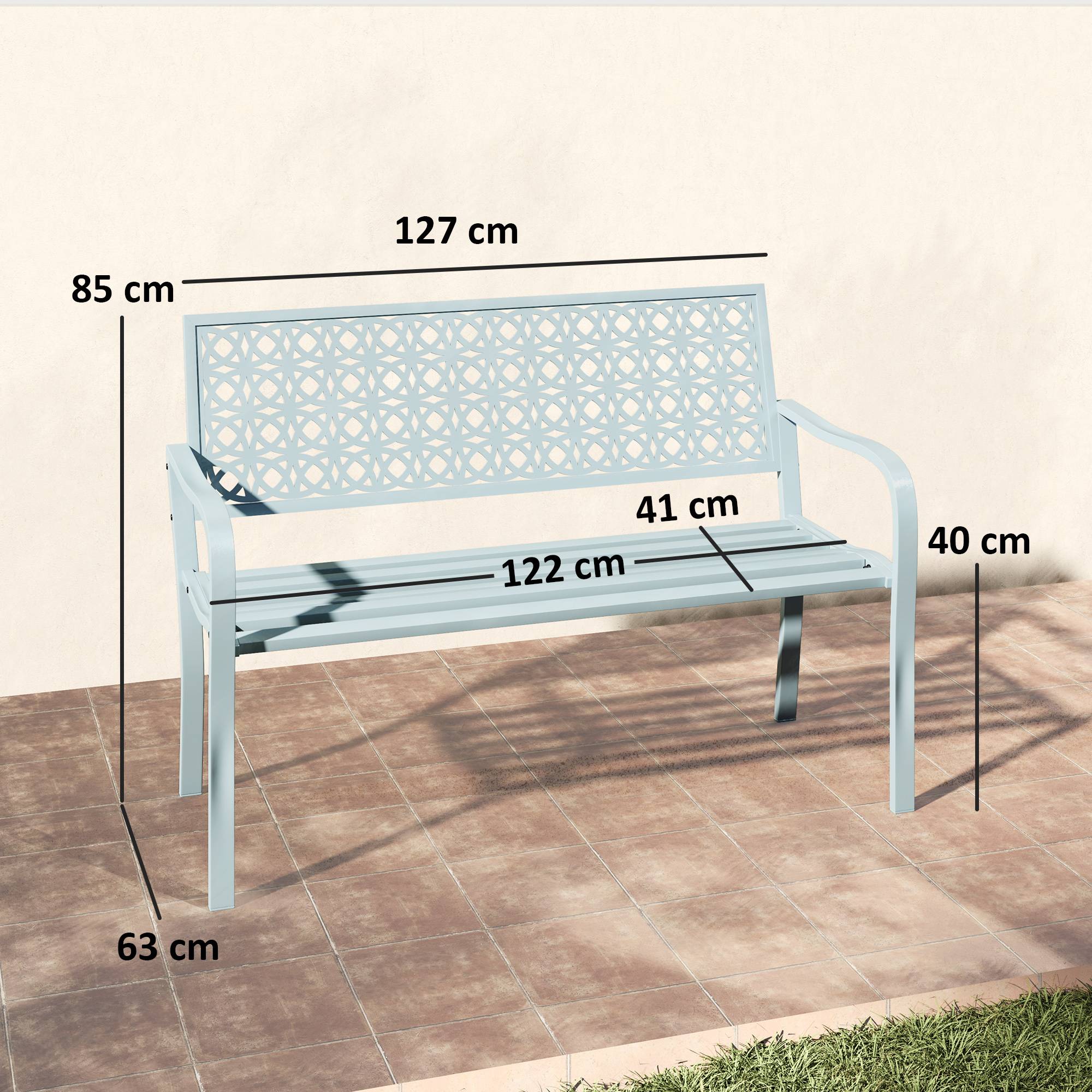 Outsunny - Banc de jardin 2 places - dossier ajouré - en acier - pour balcon, terrasse, patio, véranda - 127 x 63 x 85 cm - bleu - Outsunny - Image 3