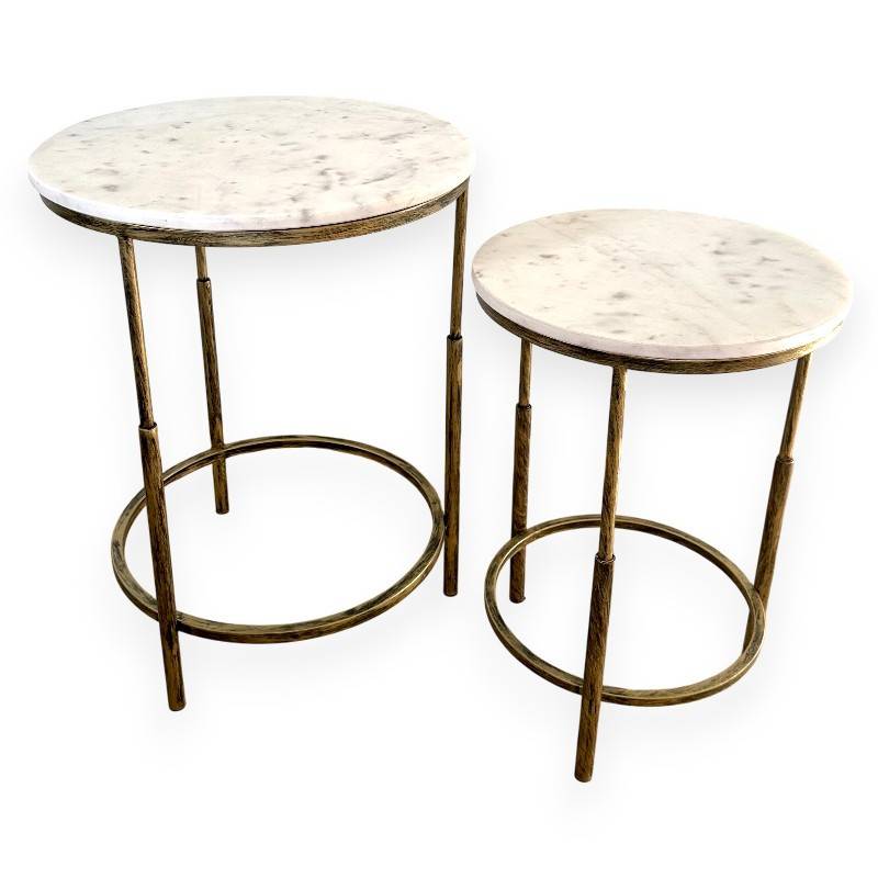 La Grande Prairie - Ensemble de 2 tables basses doré vieilli marbre blanc 46x61cm - Image 2