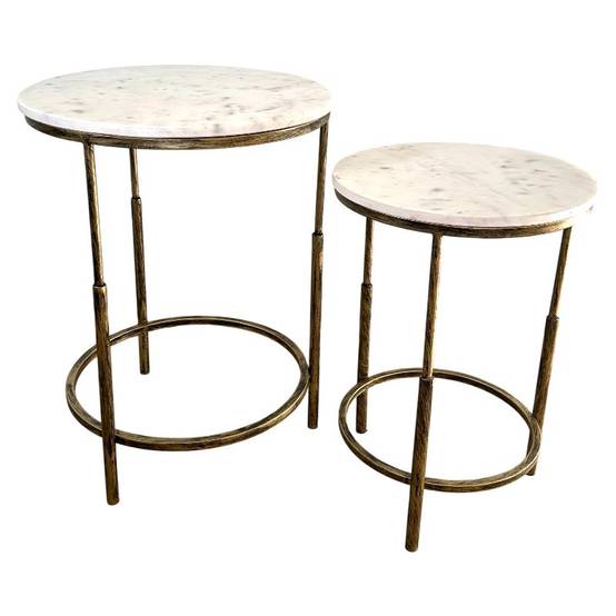 La Grande Prairie - Ensemble de 2 tables basses doré vieilli marbre blanc 46x61cm - Image 4