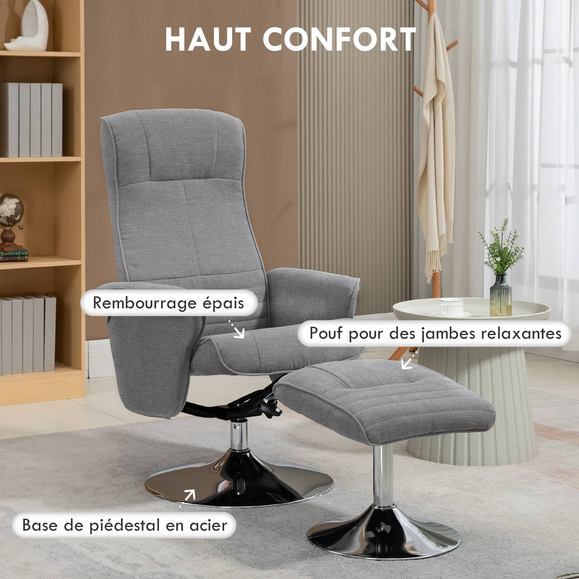 Fauteuil relax inclinable 135° pivotant 360° avec repose-pieds revêtement tissu gris - Image 8