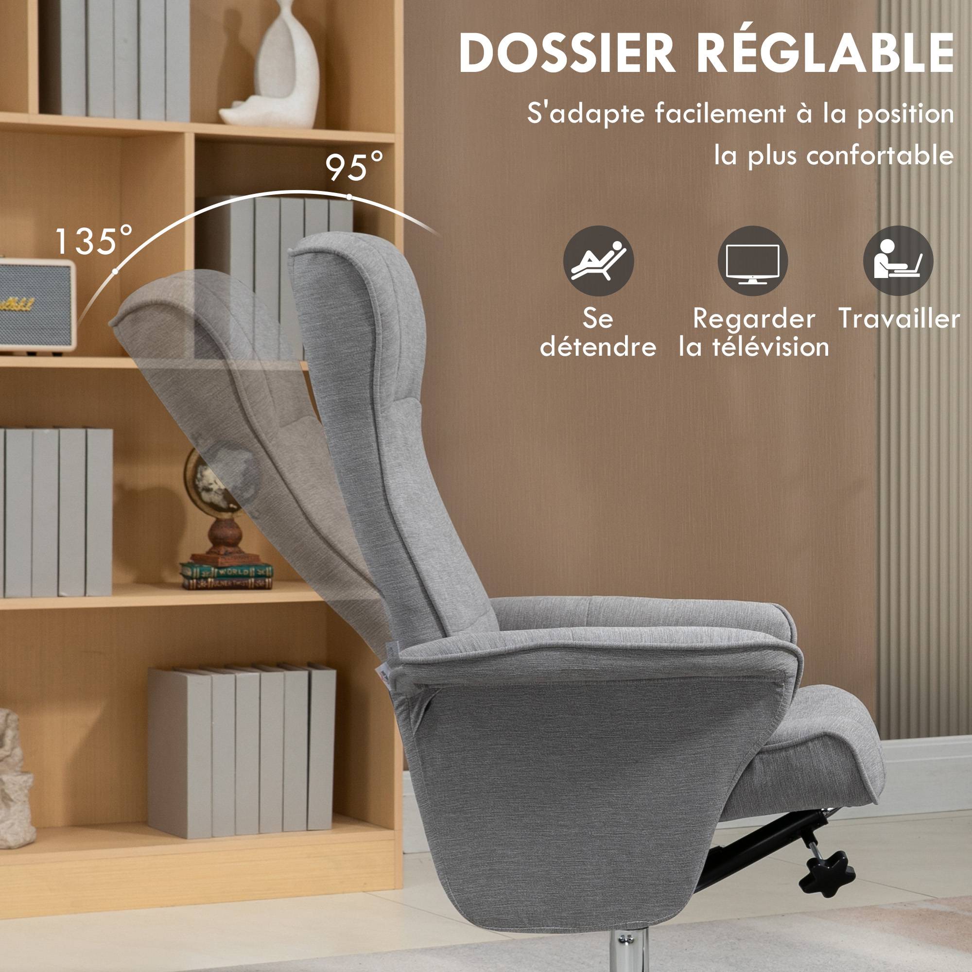 Fauteuil relax inclinable 135° pivotant 360° avec repose-pieds revêtement tissu gris - Image 6