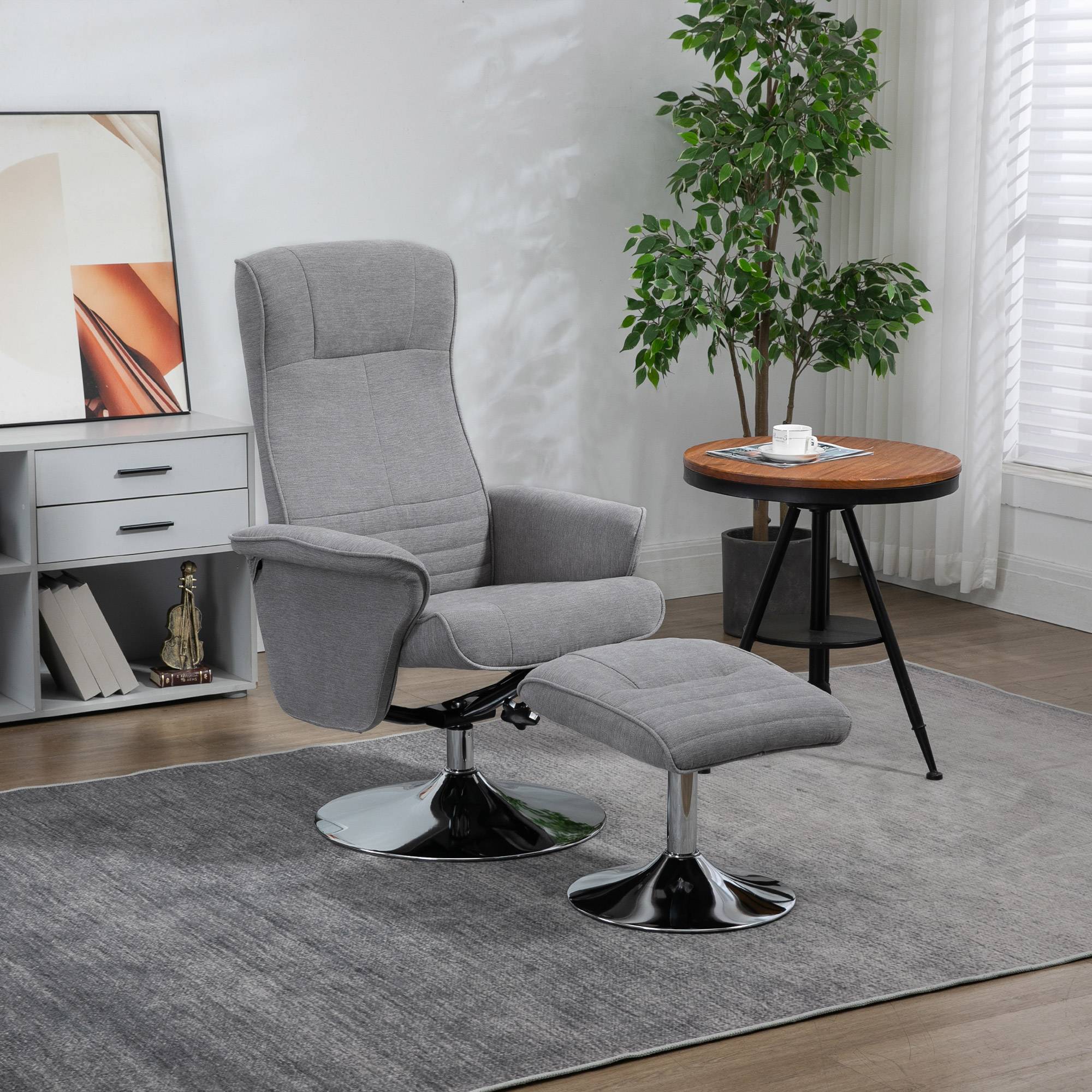 Fauteuil relax inclinable 135° pivotant 360° avec repose-pieds revêtement tissu gris - Image 3