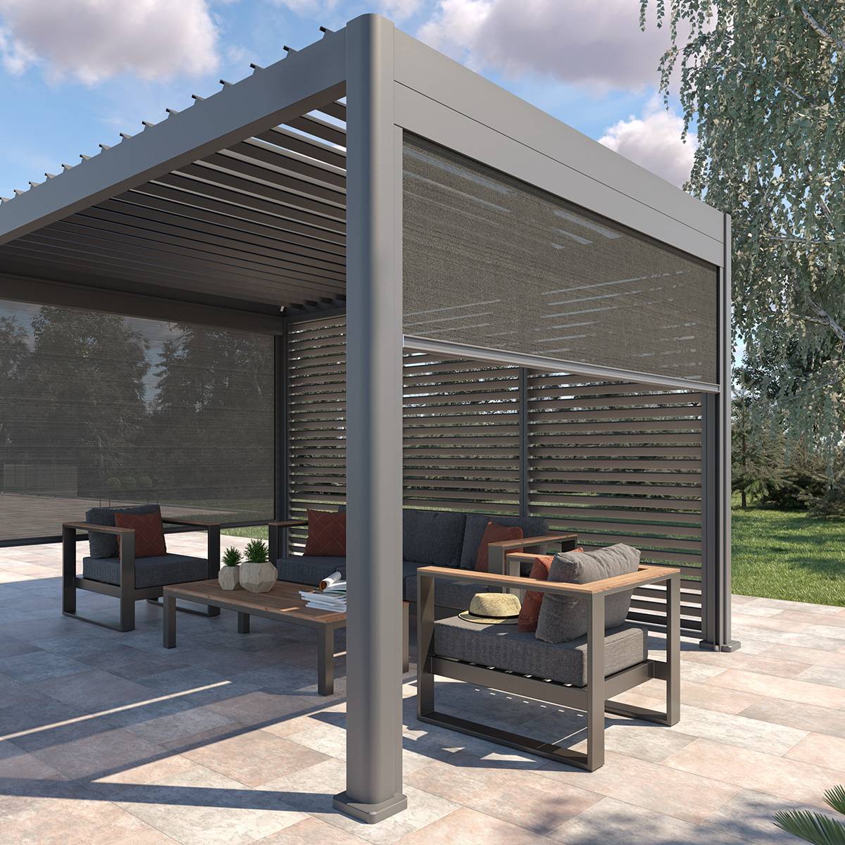 Hesperide - Store pour pergola bioclimatique "Evora" grand modèle 2,7 x 2,3 m en texaline Gris ardoise - Hespéride - Imagen 1