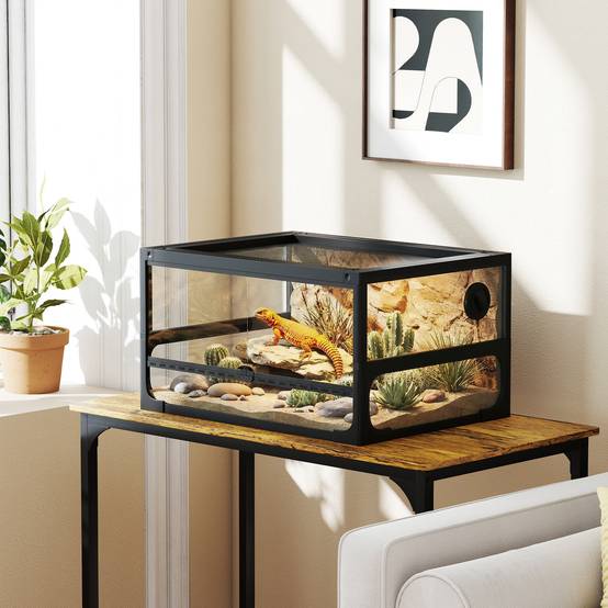 Terrarium surélevé et pliable pour reptiles, avec couvercle et parois en verre trempé et plastique, 60 x 45 x 32 cm, noir - Image 3