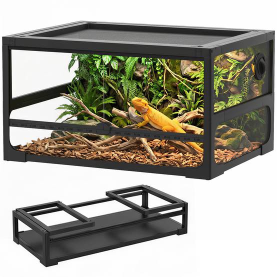 Terrarium surélevé et pliable pour reptiles, avec couvercle et parois en verre trempé et plastique, 60 x 45 x 32 cm, noir - Image 1