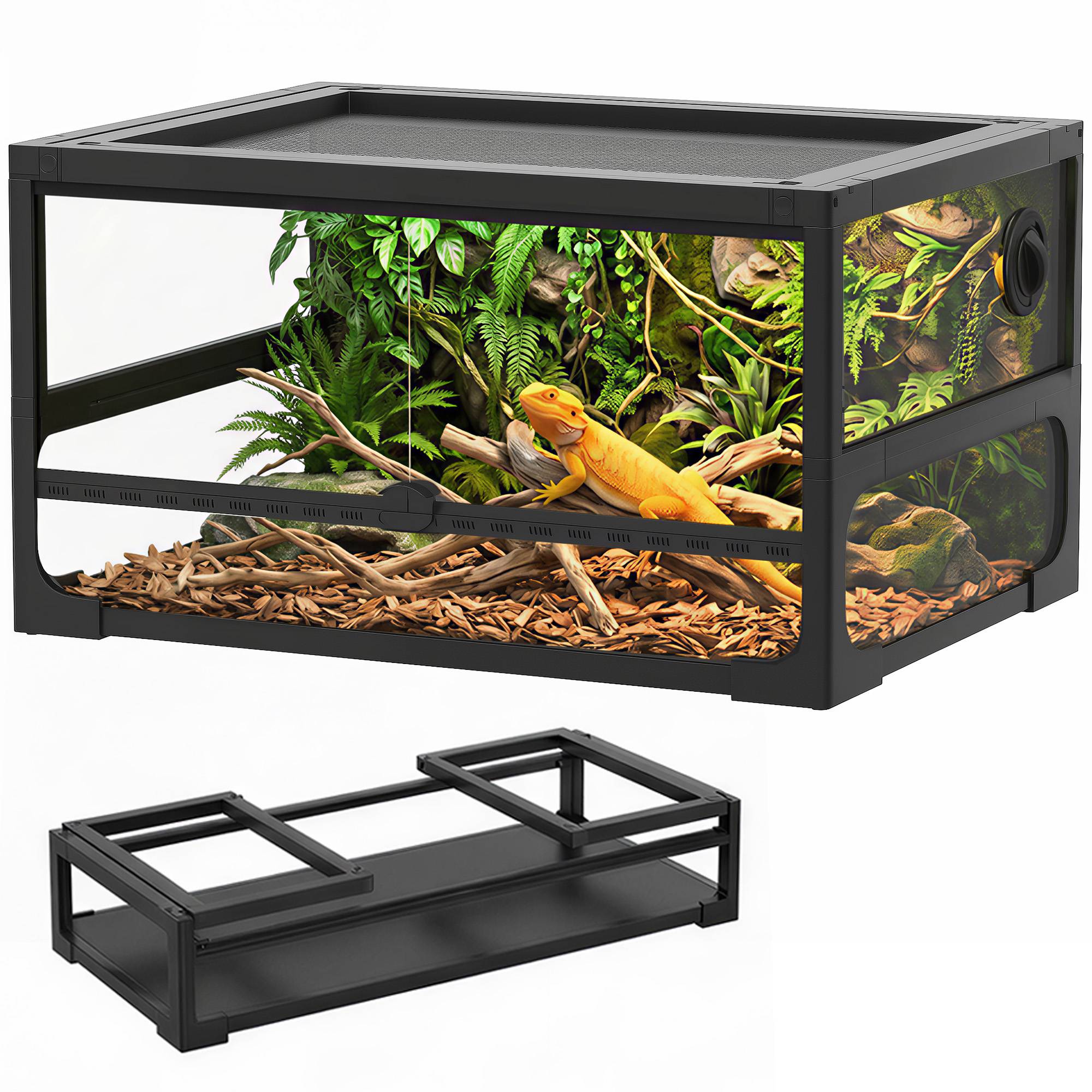 Terrarium surélevé et pliable pour reptiles, avec couvercle et parois en verre trempé et plastique, 60 x 45 x 32 cm, noir - Image 1