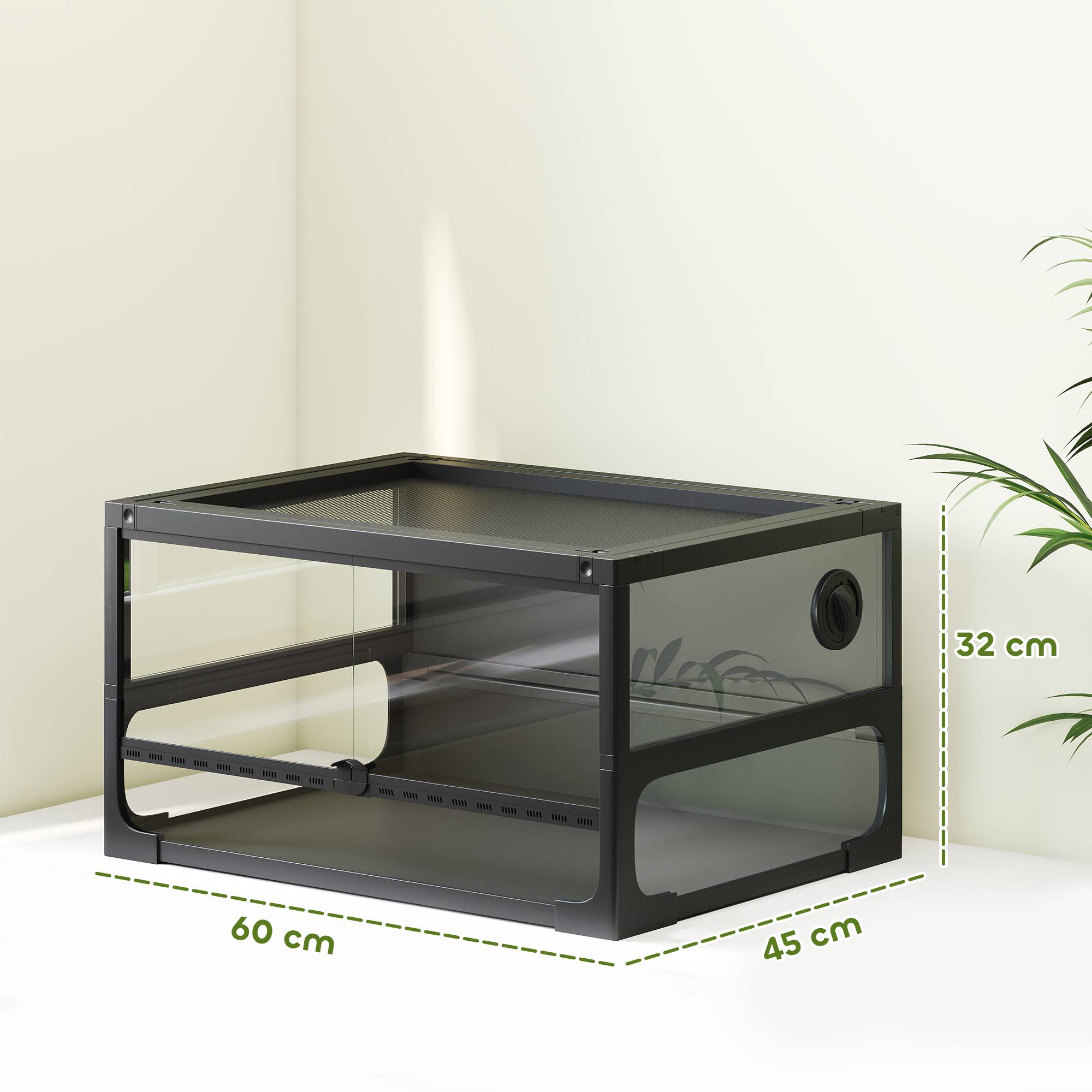 Terrarium surélevé et pliable pour reptiles, avec couvercle et parois en verre trempé et plastique, 60 x 45 x 32 cm, noir - Image 5