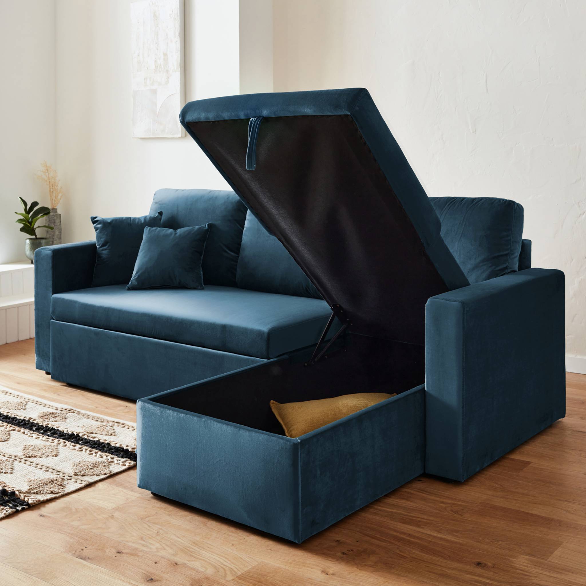 sweeek - Canapé d'angle convertible en velours bleu pétrole 3 places. fauteuil d'angle réversible coffre rangement lit modulable  | sweeek - Image 5