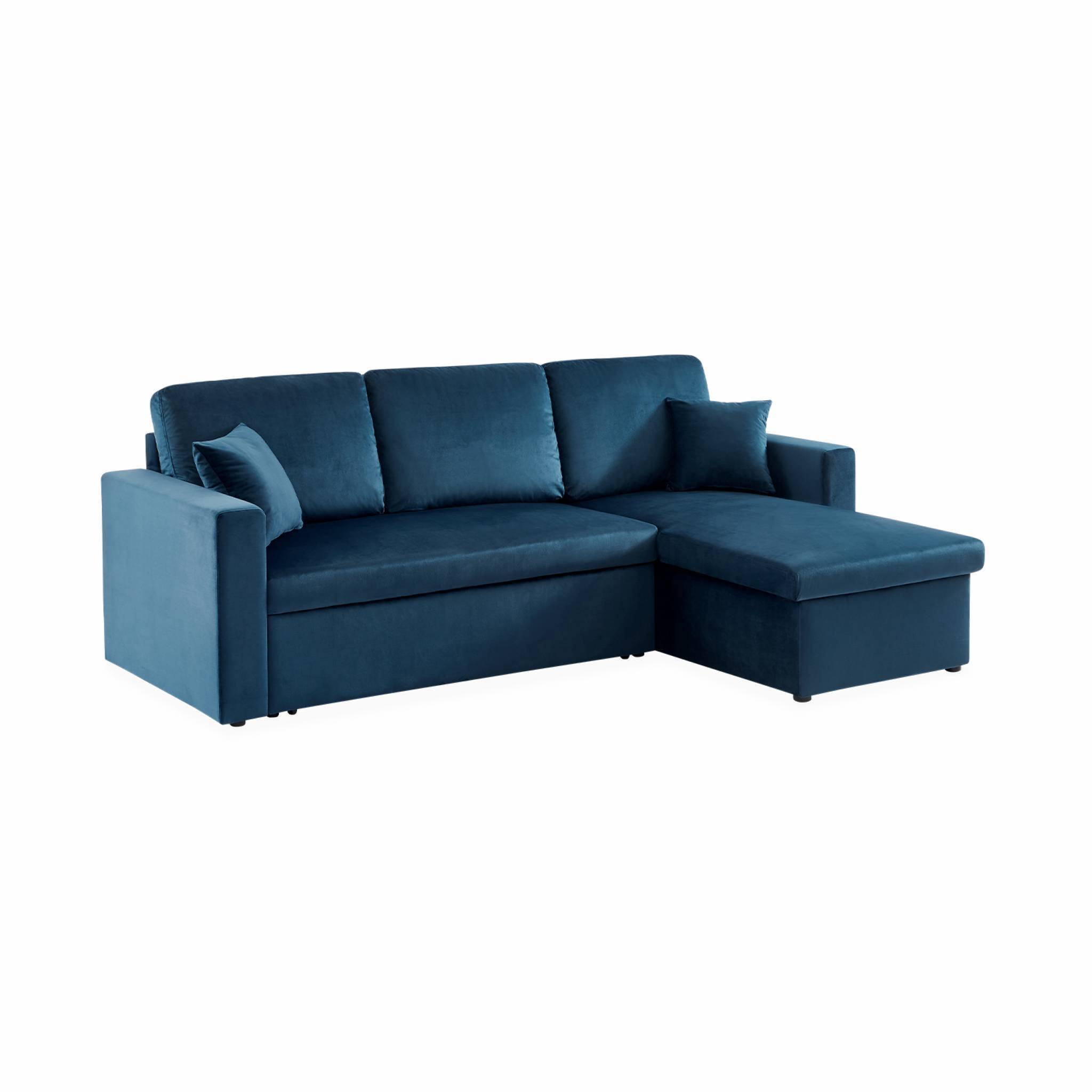 sweeek - Canapé d'angle convertible en velours bleu pétrole 3 places. fauteuil d'angle réversible coffre rangement lit modulable  | sweeek - Image 2
