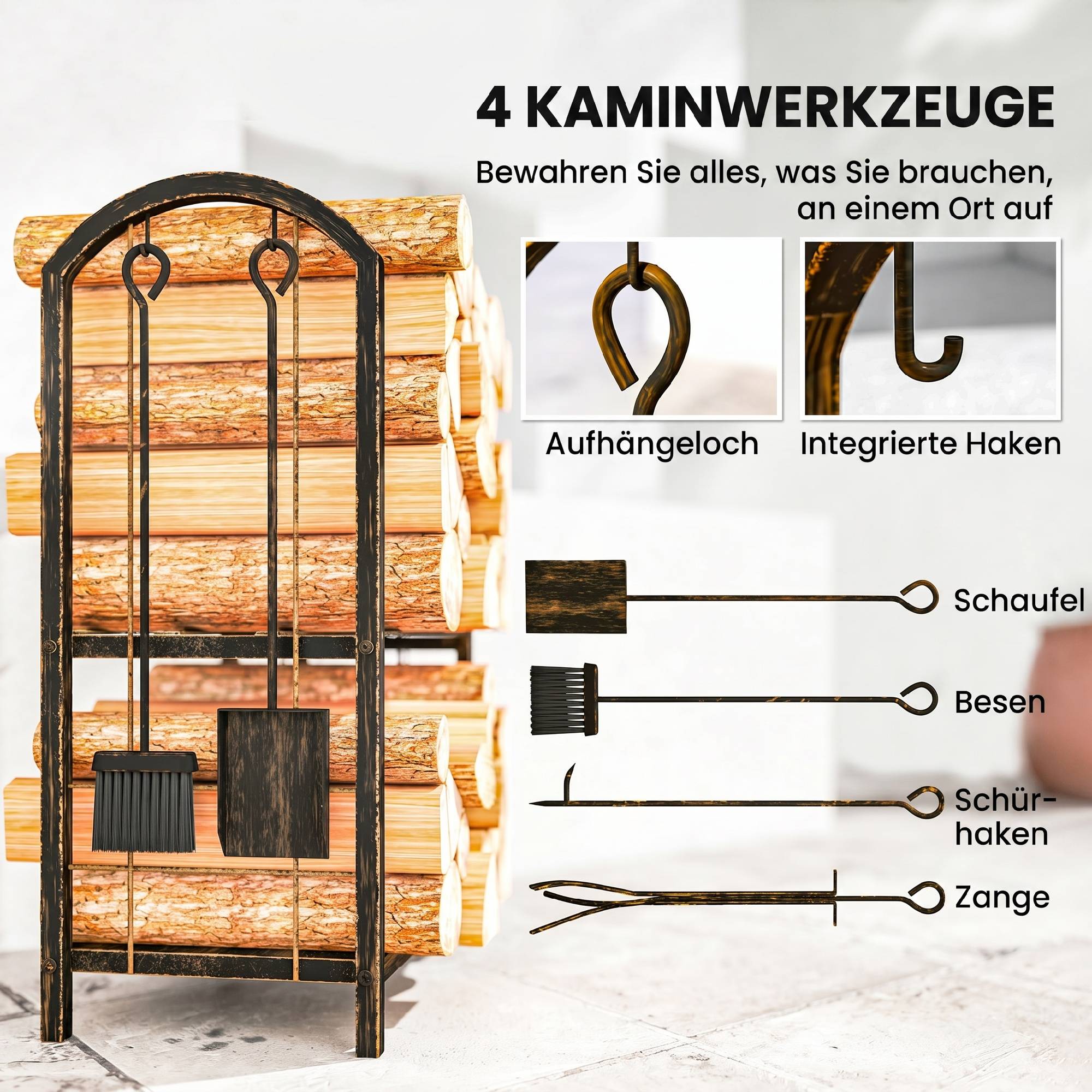 ComfortXL - Porte-bûches métal brun café 43 x 30 x 74 cm 2 niveaux intérieur extérieur avec 4 outils de cheminée - Image 5