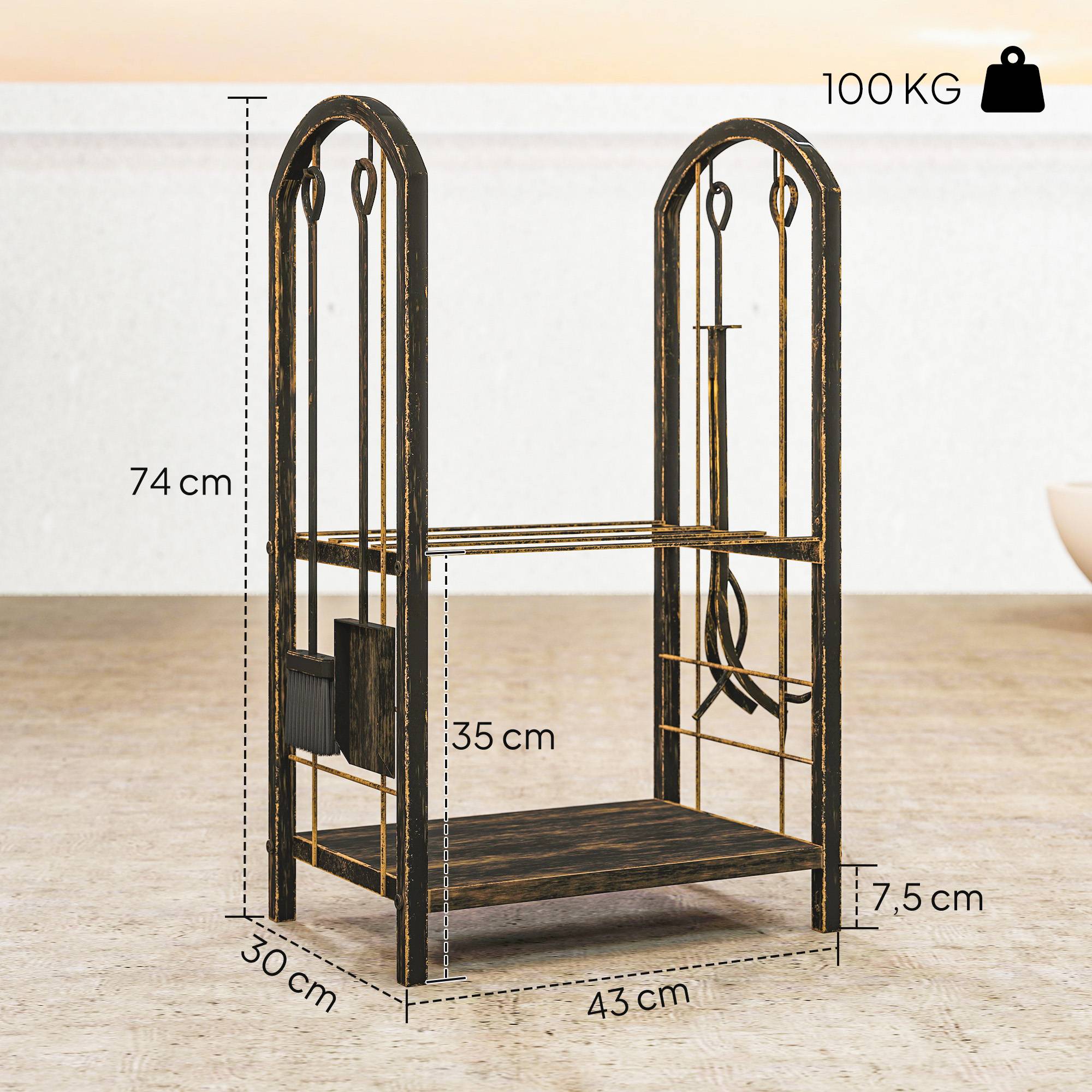 ComfortXL - Porte-bûches métal brun café 43 x 30 x 74 cm 2 niveaux intérieur extérieur avec 4 outils de cheminée - Image 3