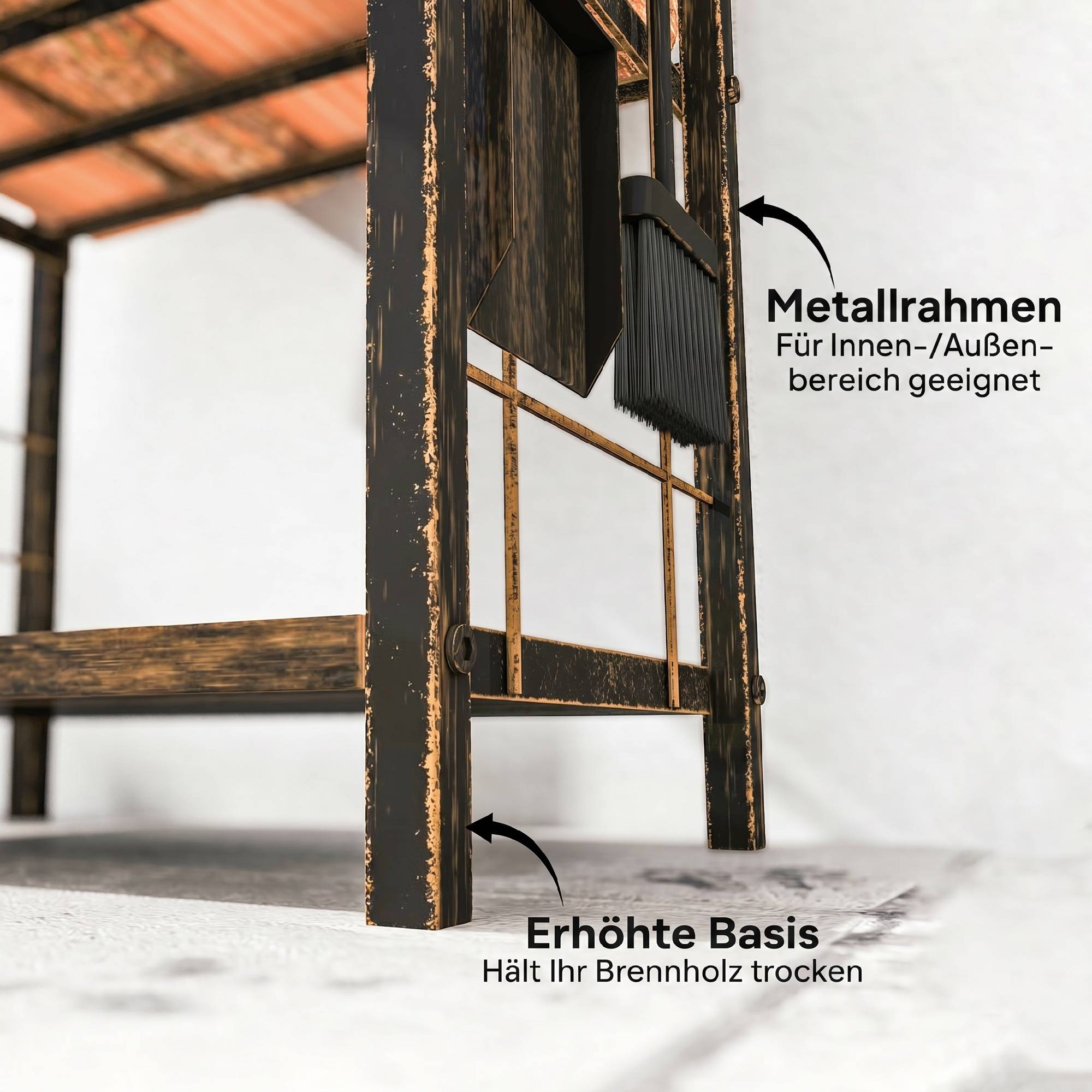 ComfortXL - Porte-bûches métal brun café 43 x 30 x 74 cm 2 niveaux intérieur extérieur avec 4 outils de cheminée - Image 6