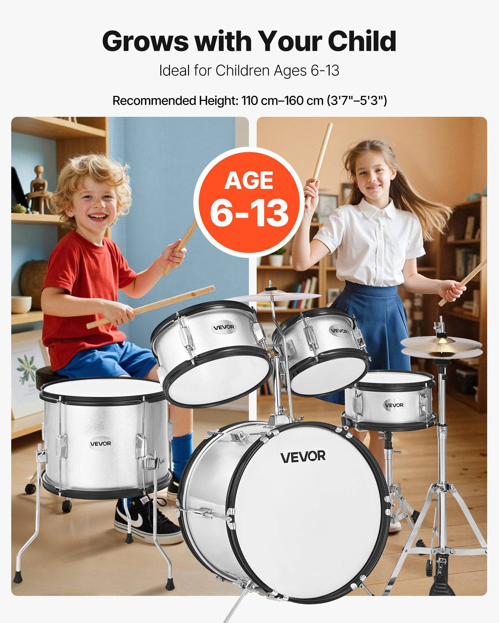 Vevor - VEVOR Batterie enfant 5 pièces, grosse caisse 45 cm, toms et caisse claire, siège réglable, 2 paires de baguettes, kit complet pour 6-13 ans. - Image 2