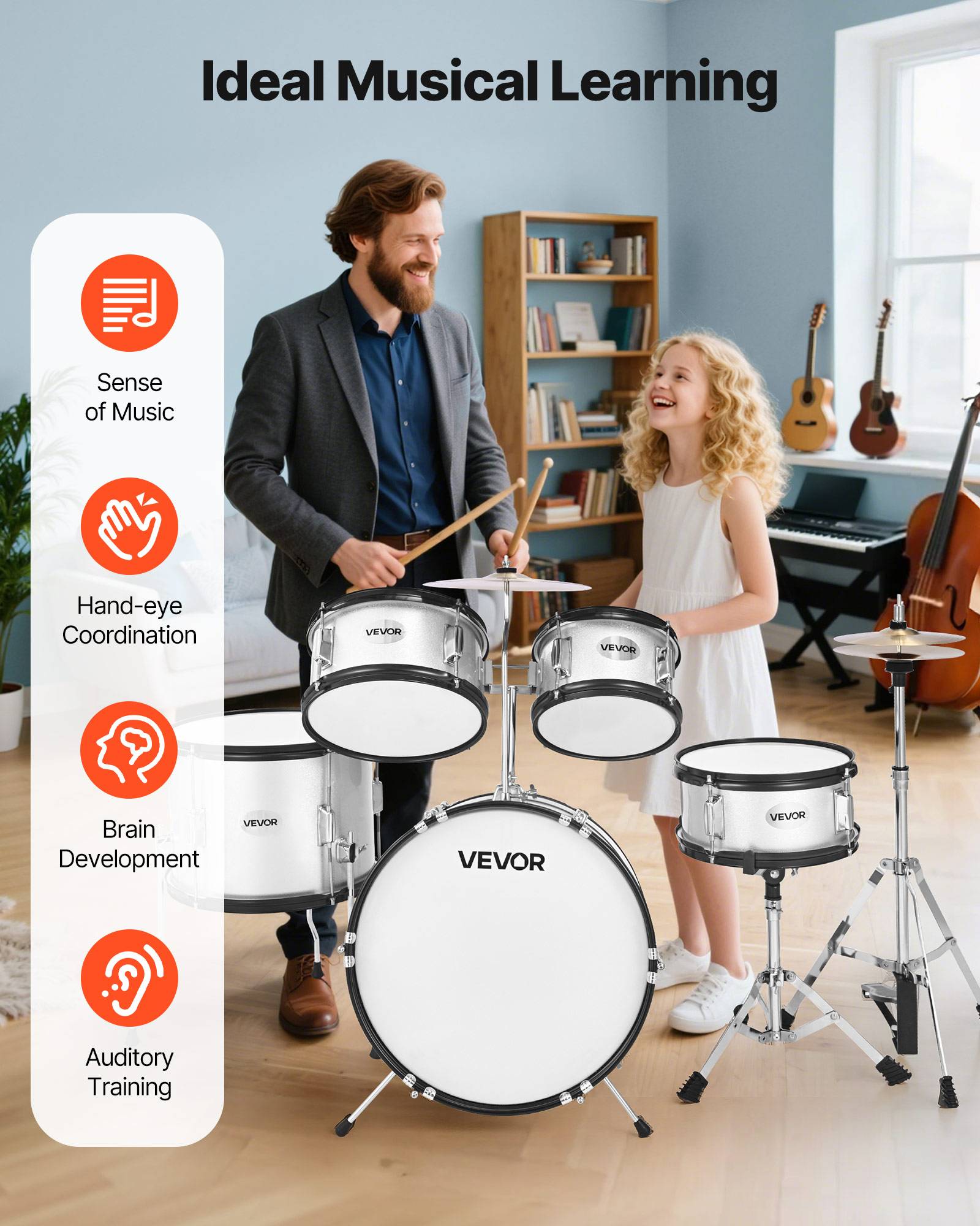 Vevor - VEVOR Batterie enfant 5 pièces, grosse caisse 45 cm, toms et caisse claire, siège réglable, 2 paires de baguettes, kit complet pour 6-13 ans. - Image 7