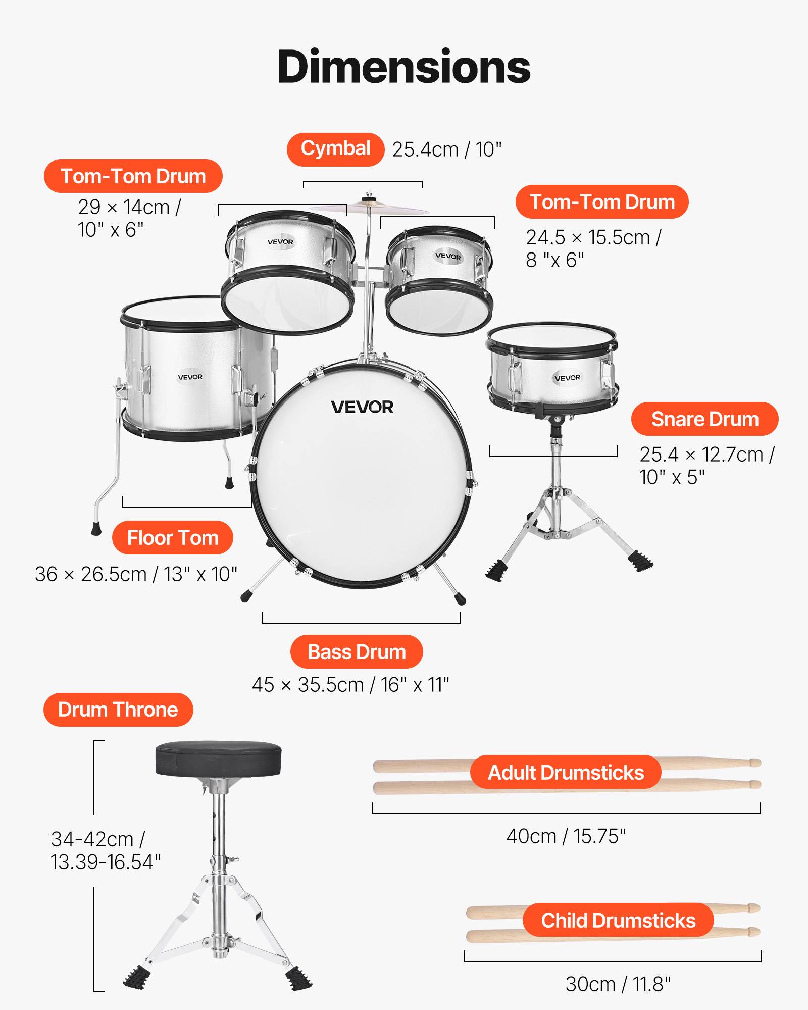 Vevor - VEVOR Batterie enfant 5 pièces, grosse caisse 45 cm, toms et caisse claire, siège réglable, 2 paires de baguettes, kit complet pour 6-13 ans. - Image 3