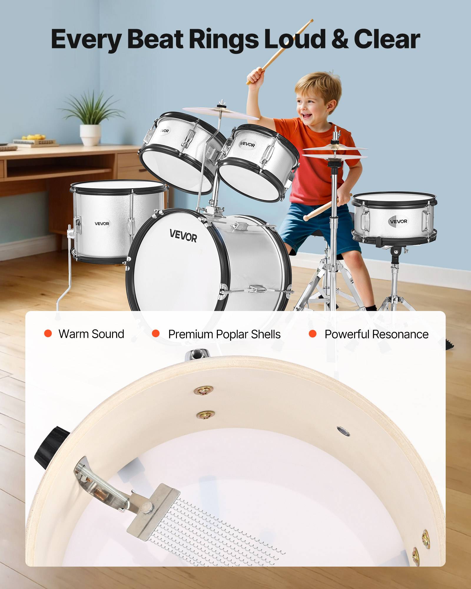Vevor - VEVOR Batterie enfant 5 pièces, grosse caisse 45 cm, toms et caisse claire, siège réglable, 2 paires de baguettes, kit complet pour 6-13 ans. - Image 4