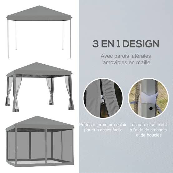 Tonnelle pliante polyester gris 295 x 295 x 260 cm - PANGIVO - Image 6