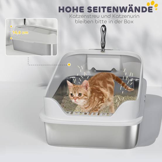 Bac à litière acier inoxydable intérieur hygiène grand chat rebords hauts 60cm gris - ComfortXL Outdoor Living - Image 8