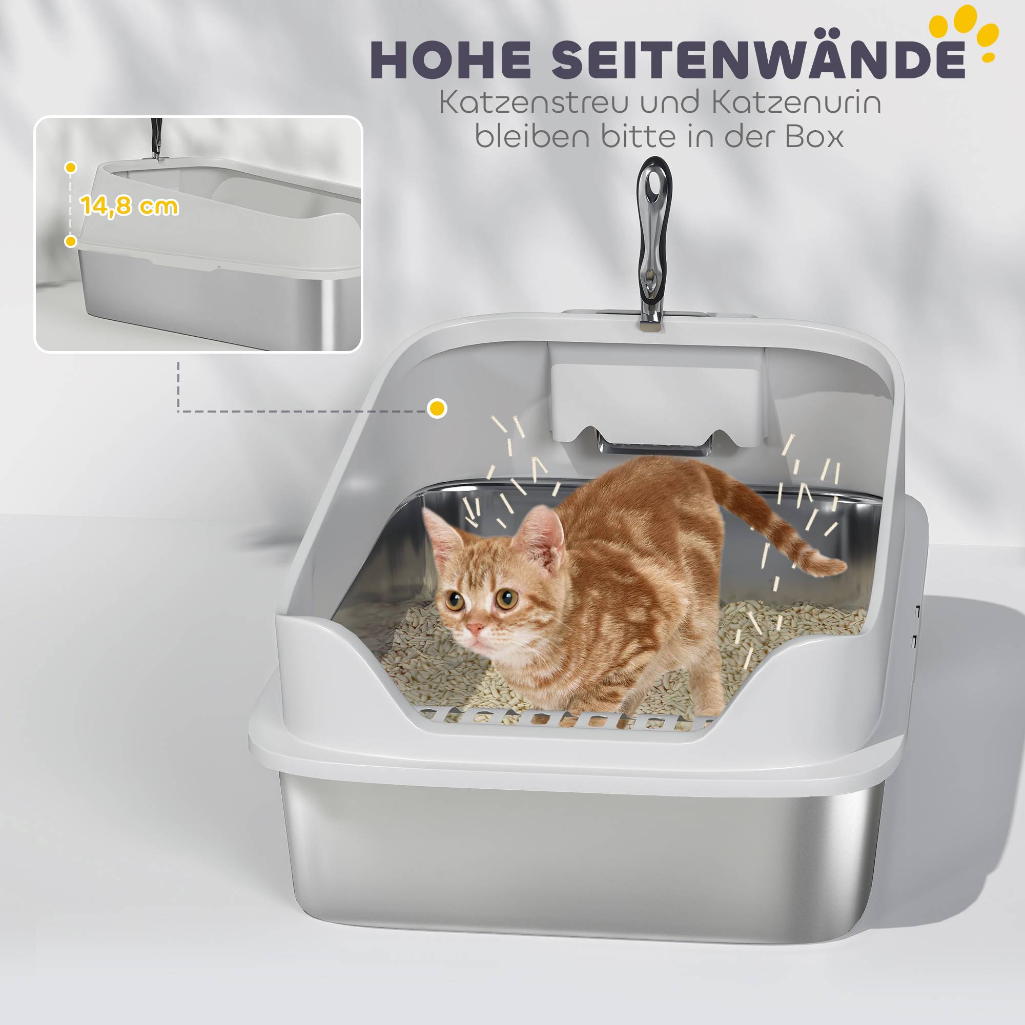 Bac à litière acier inoxydable intérieur hygiène grand chat rebords hauts 60cm gris - ComfortXL Outdoor Living - Image 8