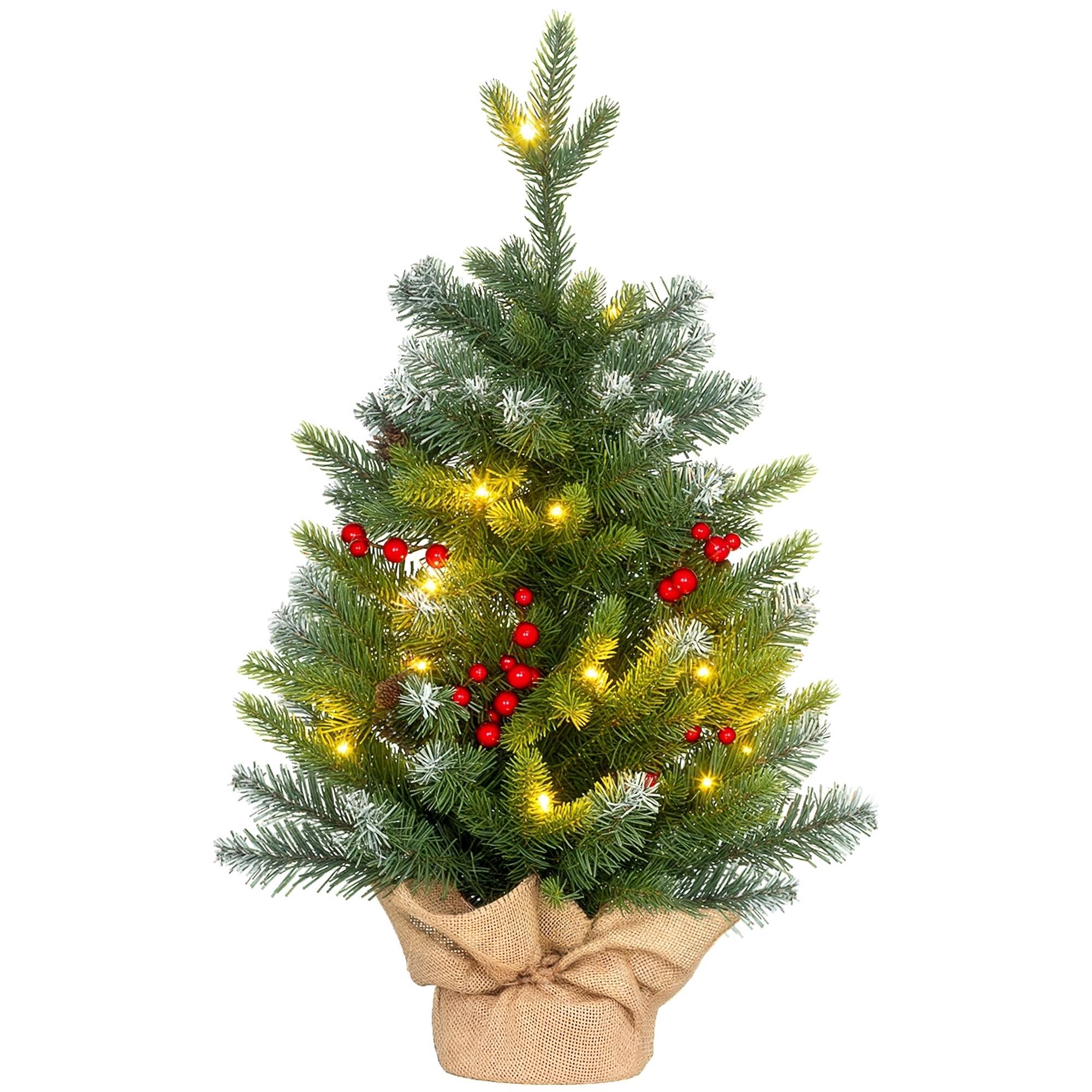 Sapin de Noël 60 cm arbre de Noël de table avec lumière LED, 141 pointes, pommes de pin et baies rouges, base en béton - Image 1