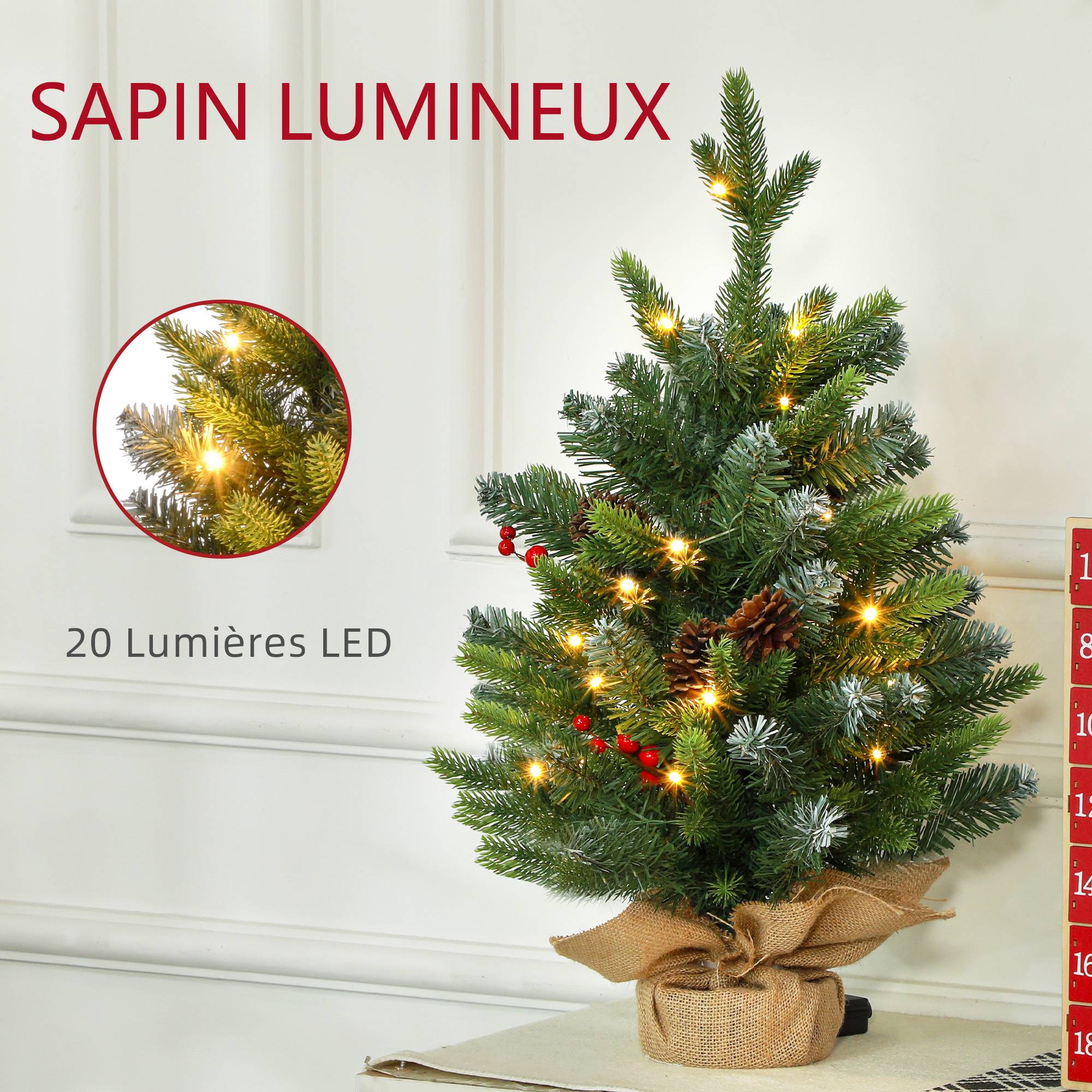 Sapin de Noël 60 cm arbre de Noël de table avec lumière LED, 141 pointes, pommes de pin et baies rouges, base en béton - Image 6