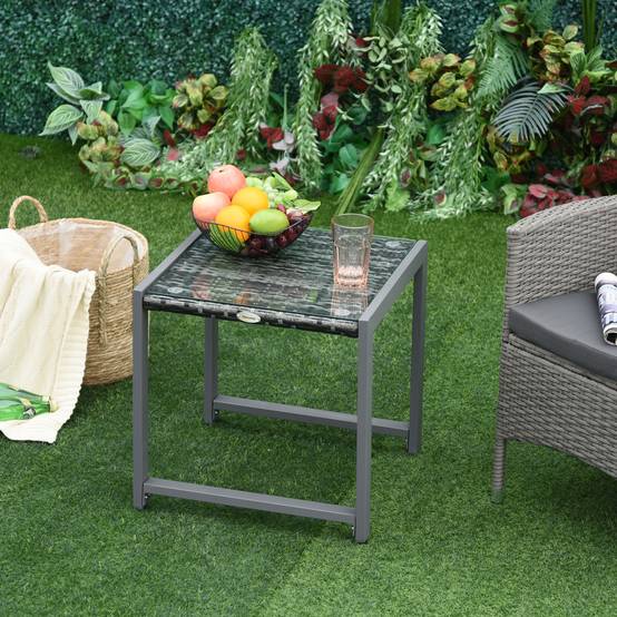 Table basse jardin aluminium résine tressée plateau verre extérieur détente 50x49.5x50cm gris - ComfortXL Outdoor Living - Image 4