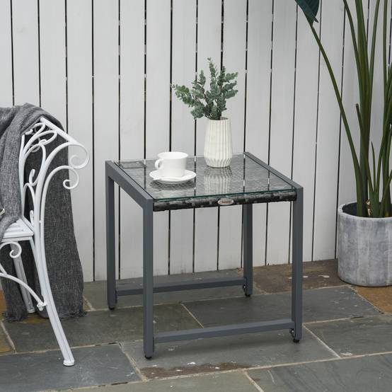 Table basse jardin aluminium résine tressée plateau verre extérieur détente 50x49.5x50cm gris - ComfortXL Outdoor Living - Image 3