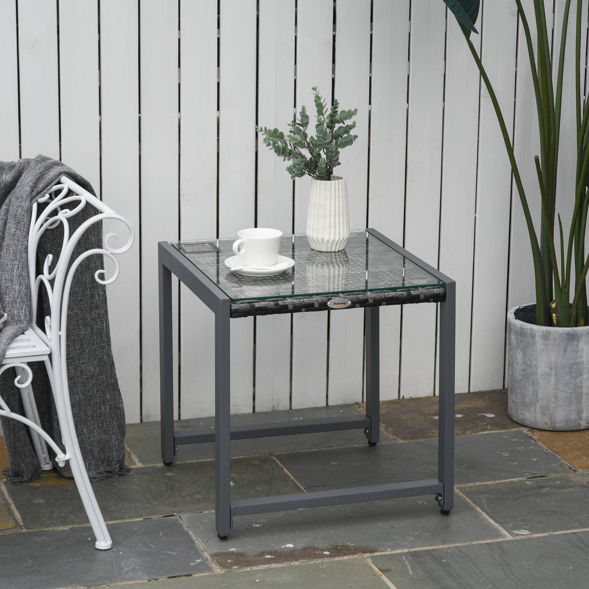Table basse jardin aluminium résine tressée plateau verre extérieur détente 50x49.5x50cm gris - ComfortXL Outdoor Living - Image 3