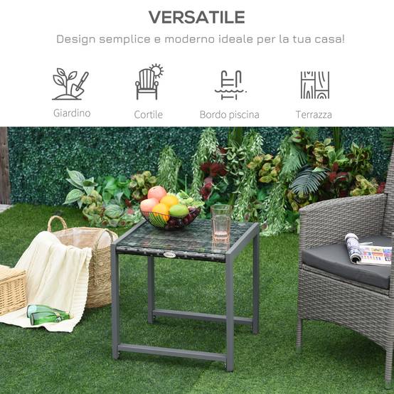 Table basse jardin aluminium résine tressée plateau verre extérieur détente 50x49.5x50cm gris - ComfortXL Outdoor Living - Image 7