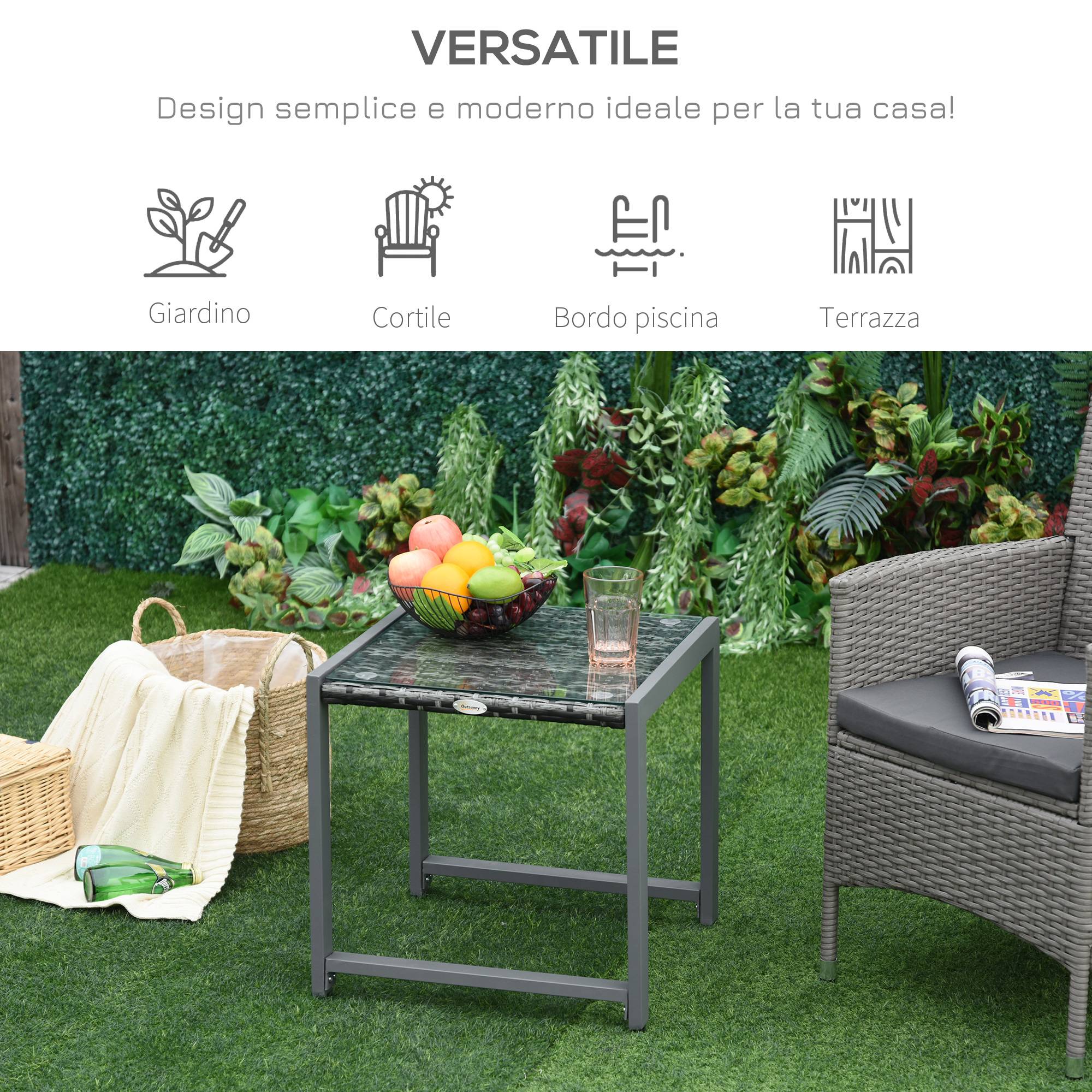 Table basse jardin aluminium résine tressée plateau verre extérieur détente 50x49.5x50cm gris - ComfortXL Outdoor Living - Image 7