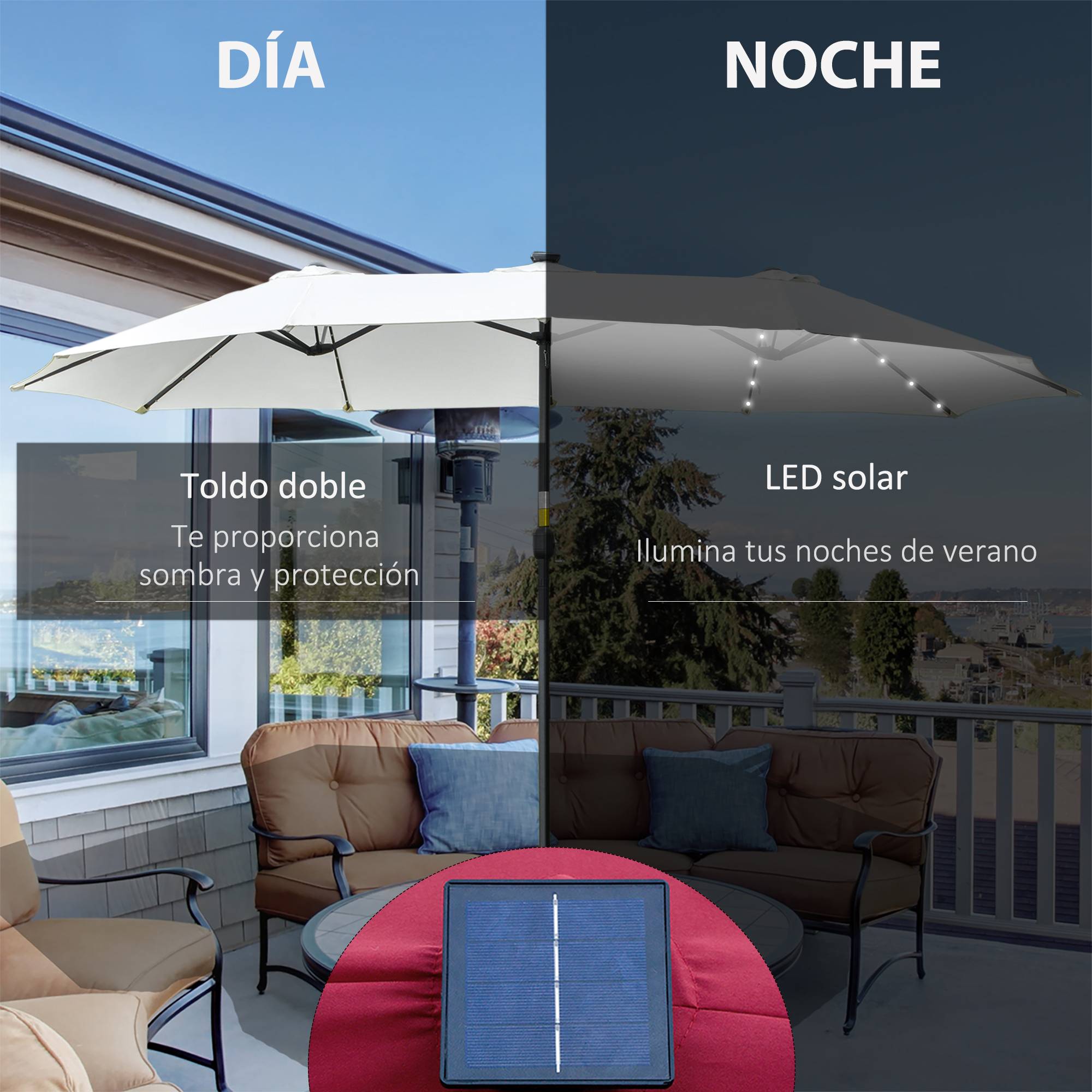 Parasol double avec 48 lumières LED, 4,5 x 2,65 m, manivelle, protection solaire pour terrasse, jardin, piscine, crème - Image 6